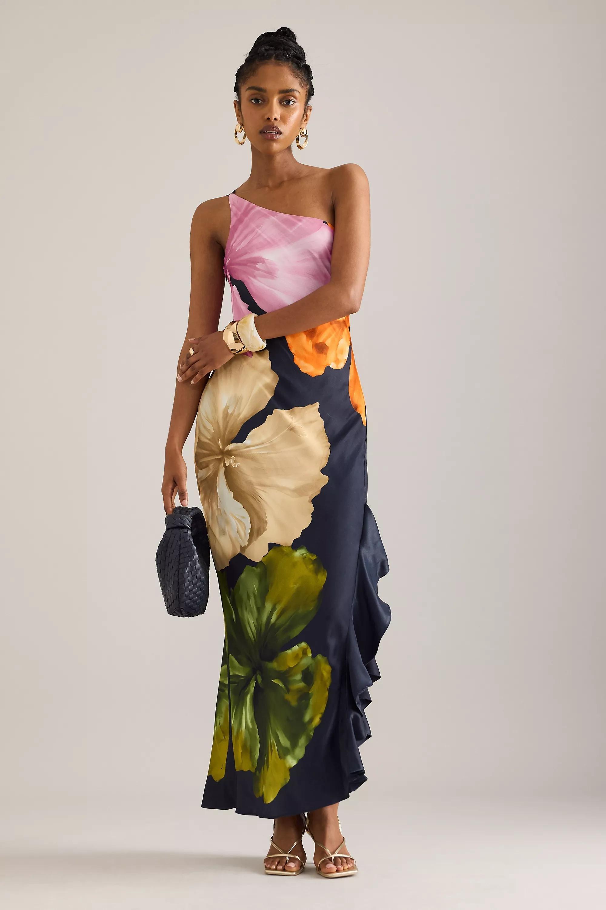 By Anthropologie One-Shoulder Maxi Slip Dress, Navy, , large image number 0