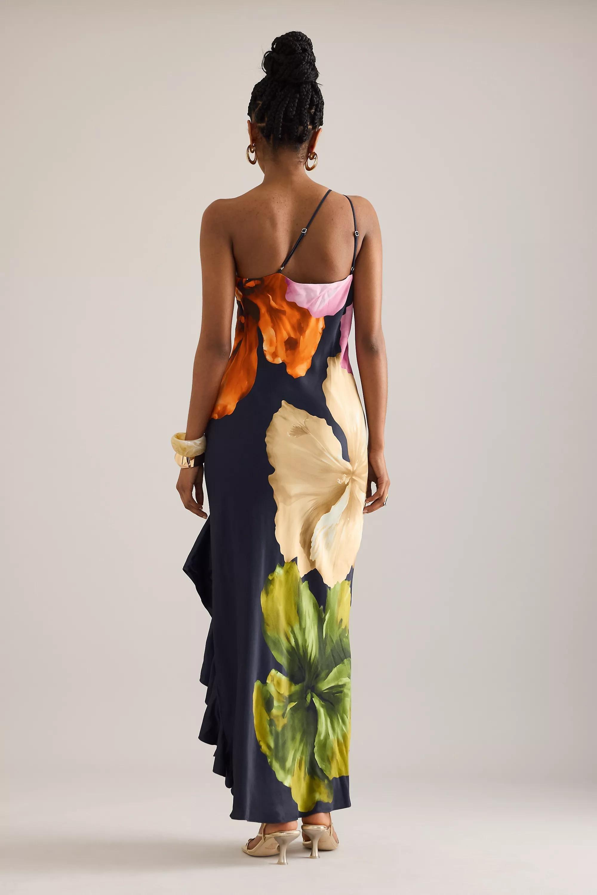 By Anthropologie One-Shoulder Maxi Slip Dress, Navy, , large image number 1