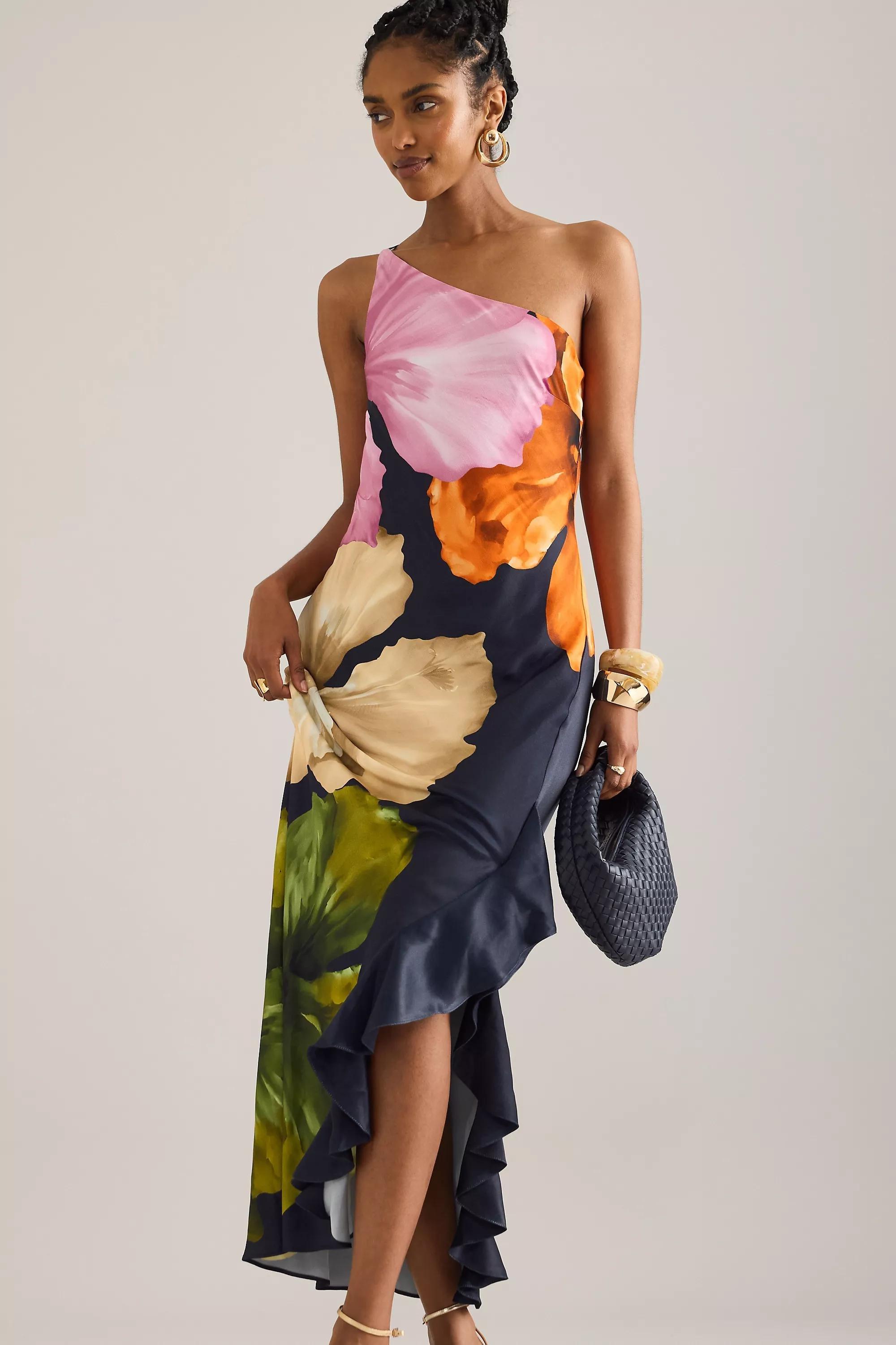 By Anthropologie One-Shoulder Maxi Slip Dress, Navy, , large image number 2