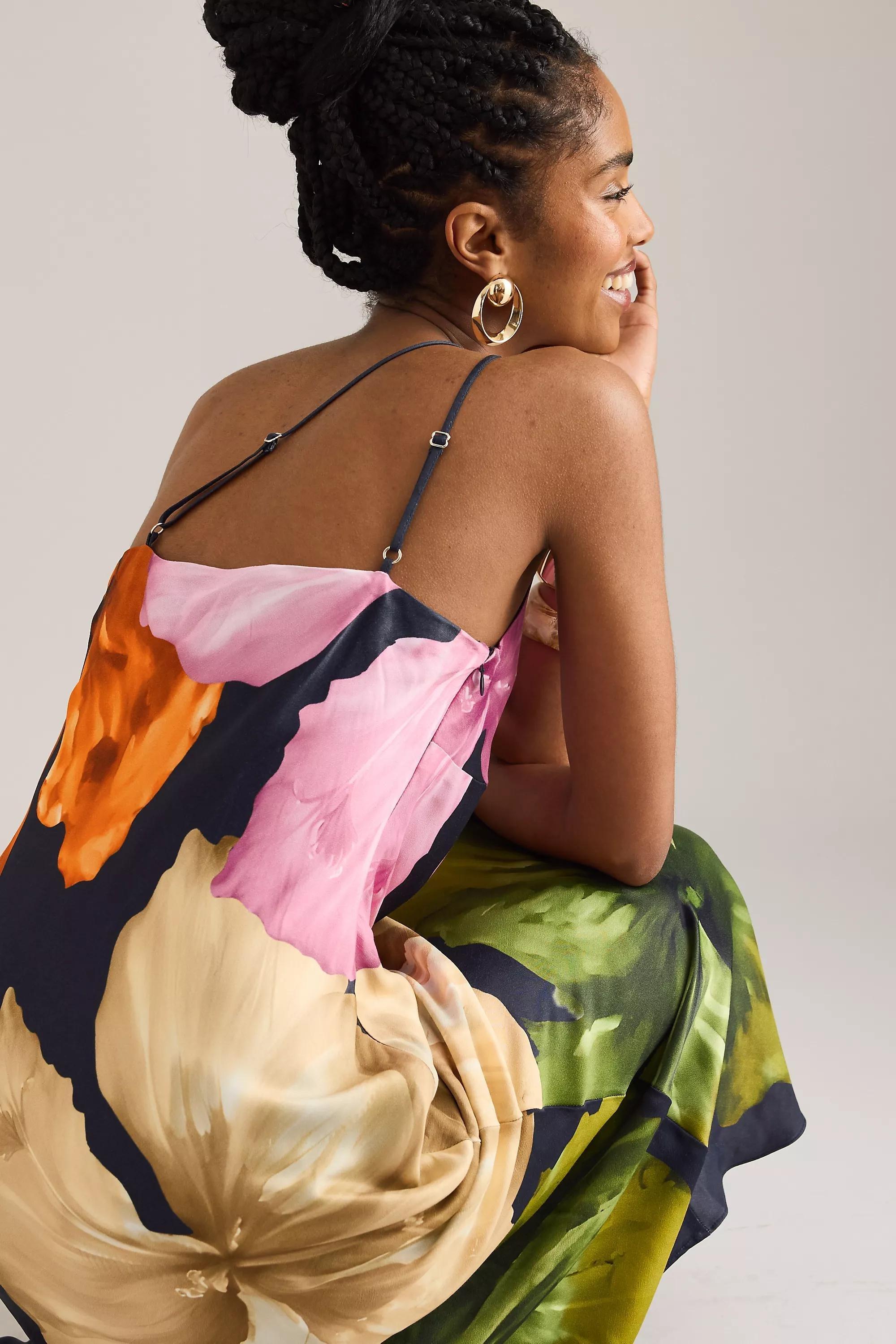 By Anthropologie One-Shoulder Maxi Slip Dress, Navy, , large image number 3