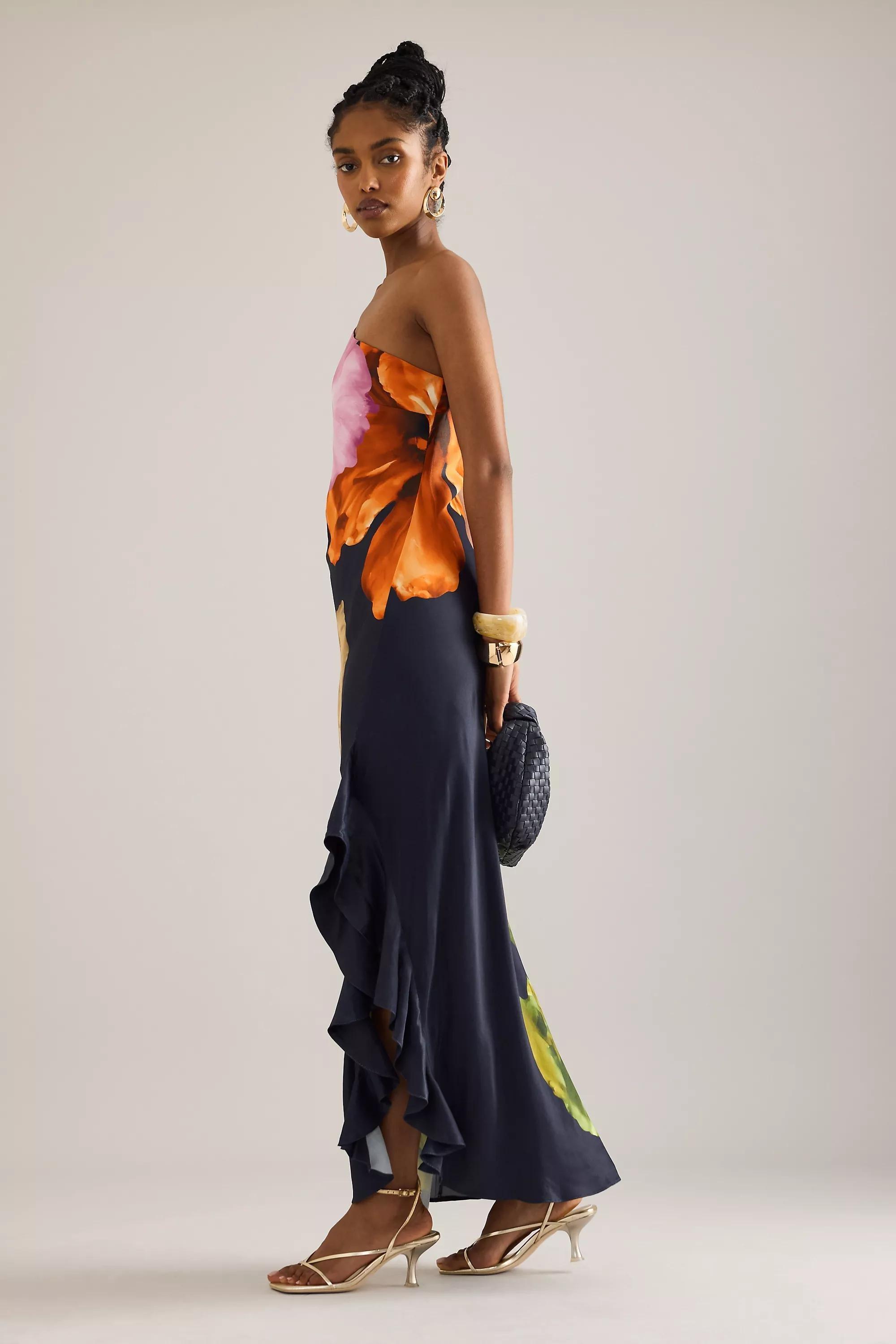By Anthropologie One-Shoulder Maxi Slip Dress, Navy, , large image number 4
