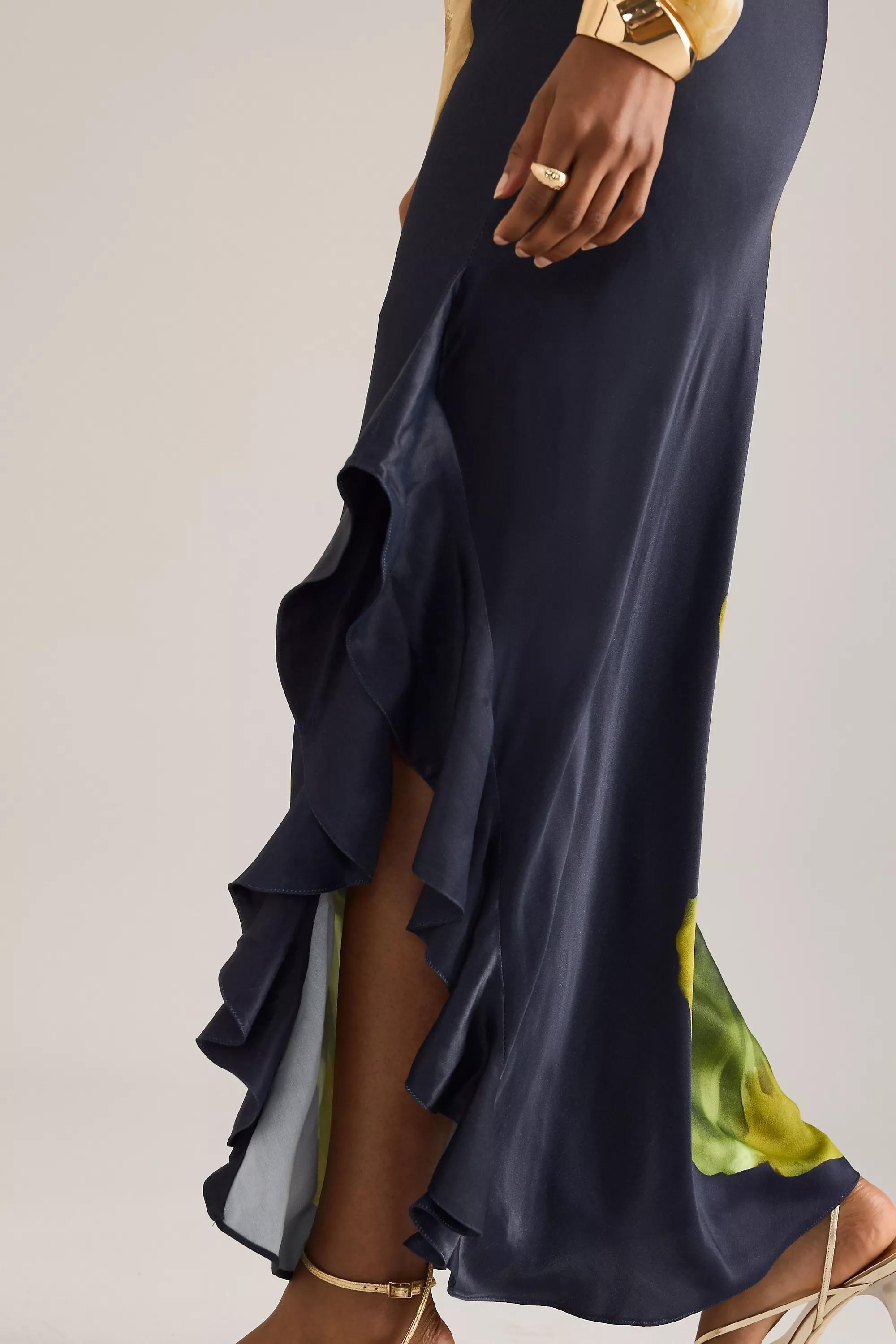 By Anthropologie One-Shoulder Maxi Slip Dress, Navy, , large image number 5