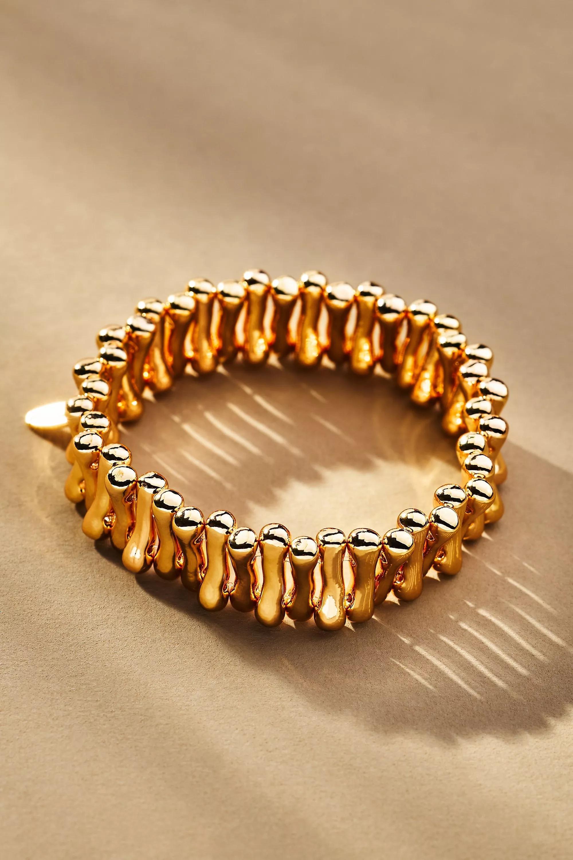 GOLD Ribbed Metal Stretch Bracelet, A501_0070, large image number 0
