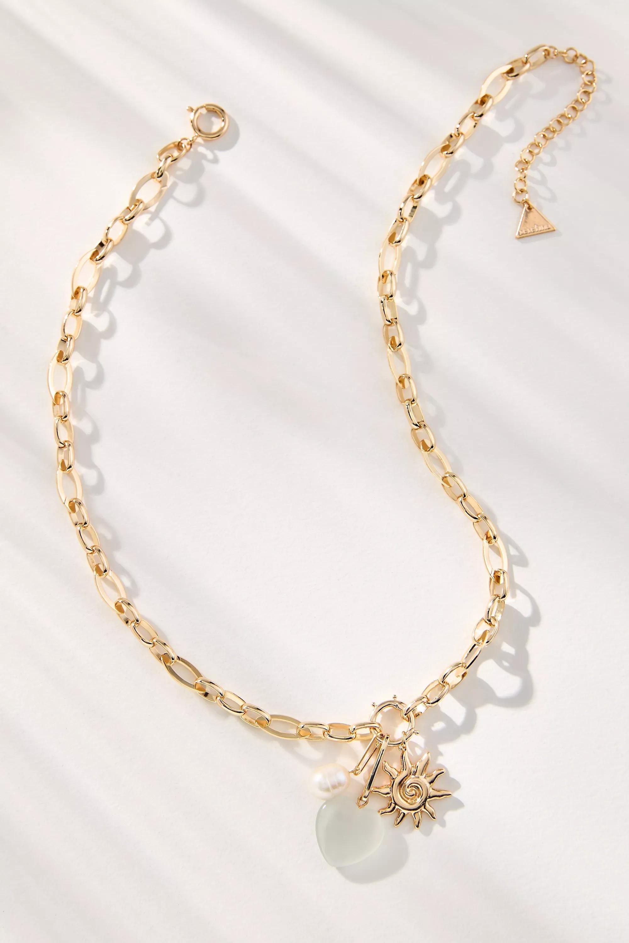 Thick Chain Charm Cluster Necklace, Gold, A501_0010, large image number 0