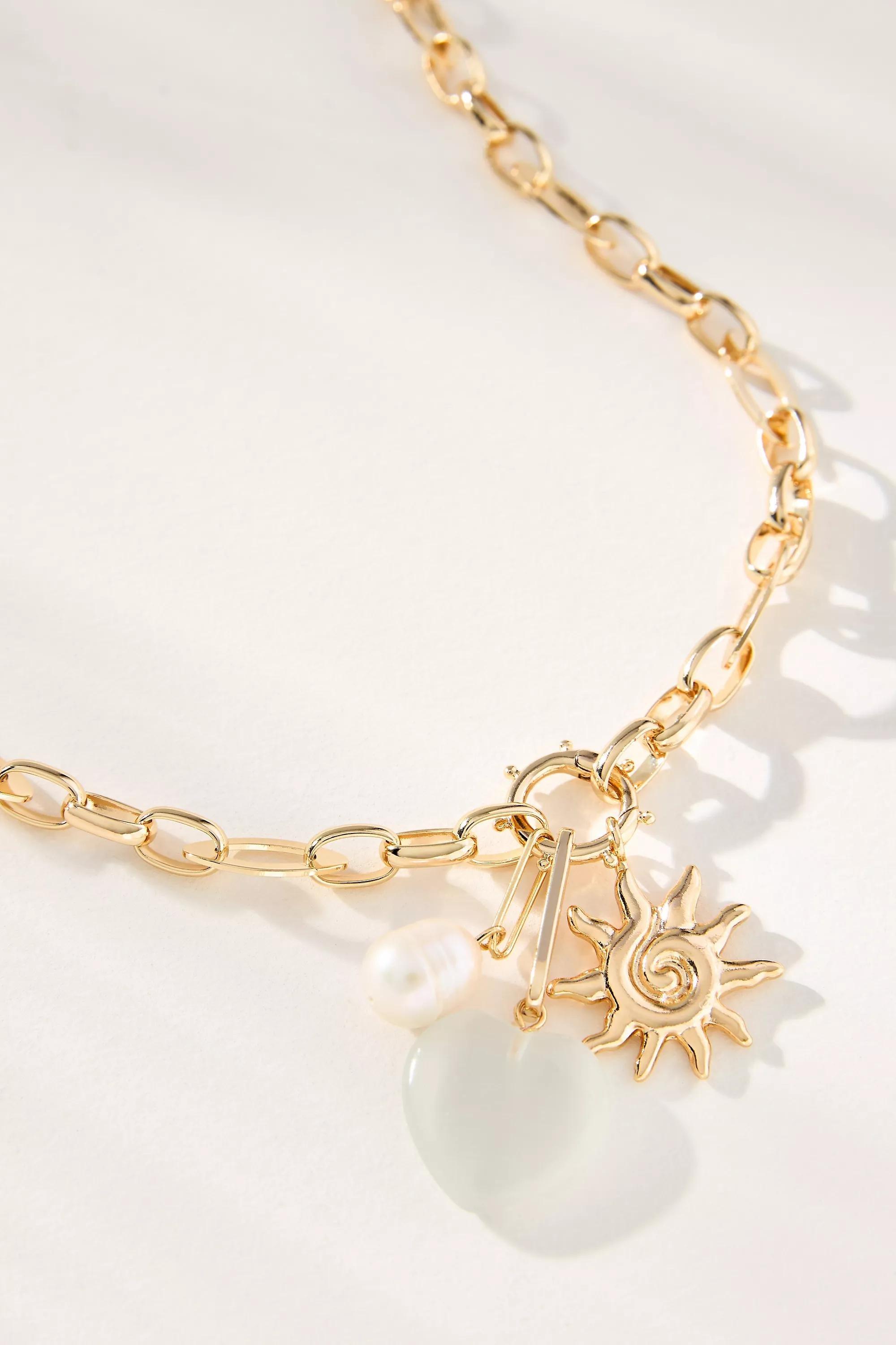 Thick Chain Charm Cluster Necklace, Gold, A501_0010, large image number 1