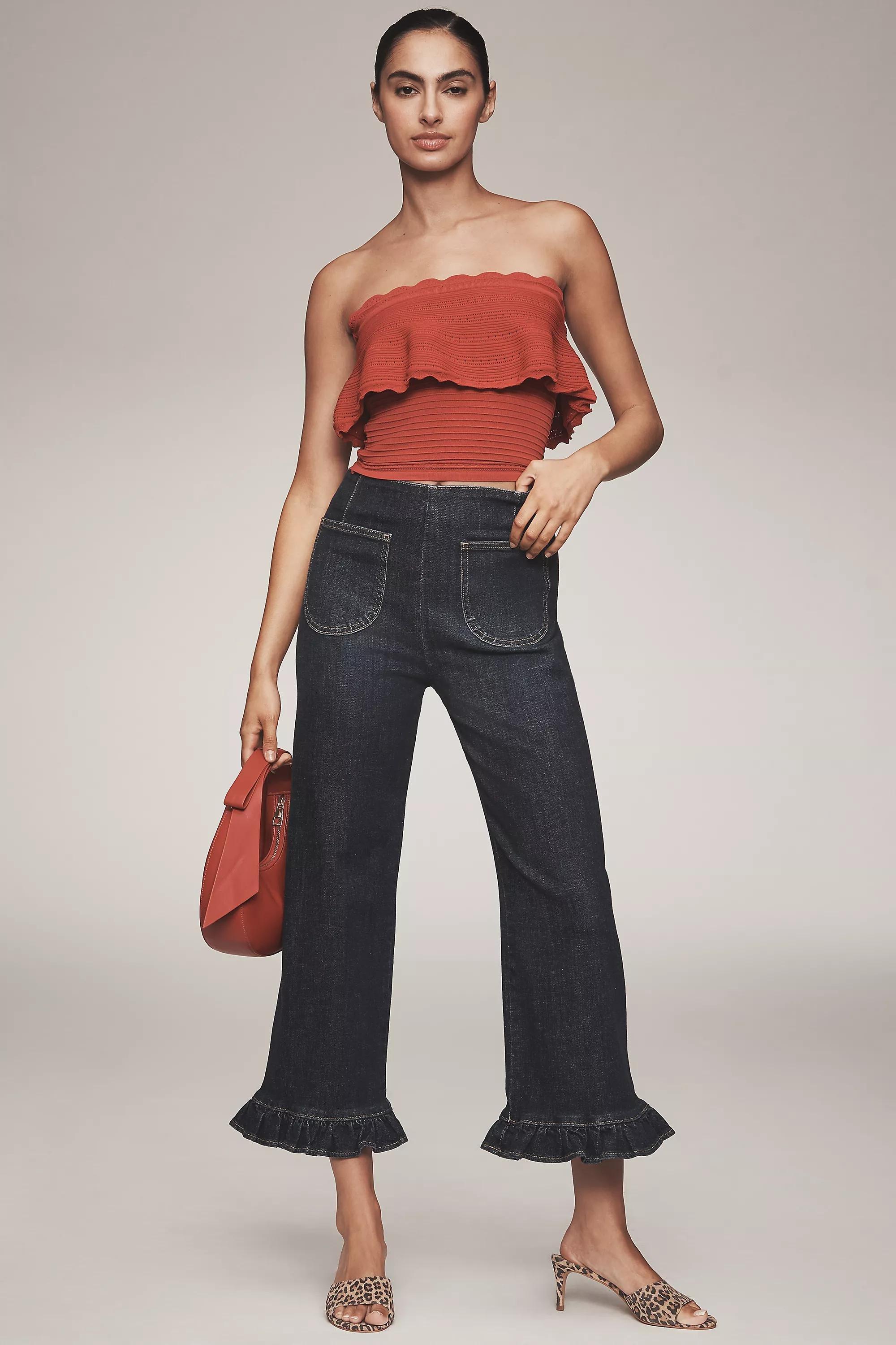 The Colette Denim Ruffled Cropped Wide-Leg Jeans By Maeve, Navy, A501_0091, medium