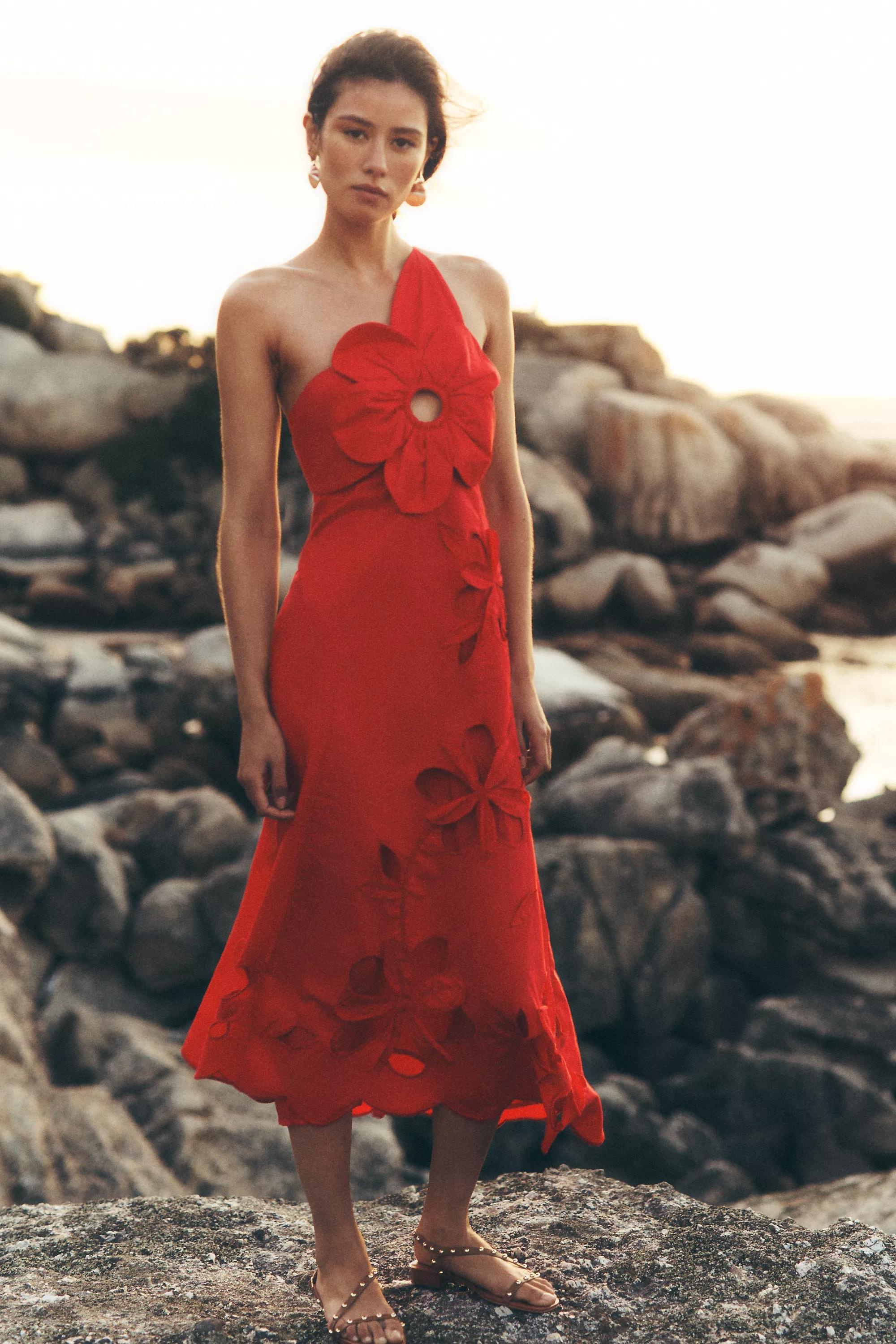 By Anthropologie One-Shoulder Cutwork Dress, Red, A501_0060, large image number 4