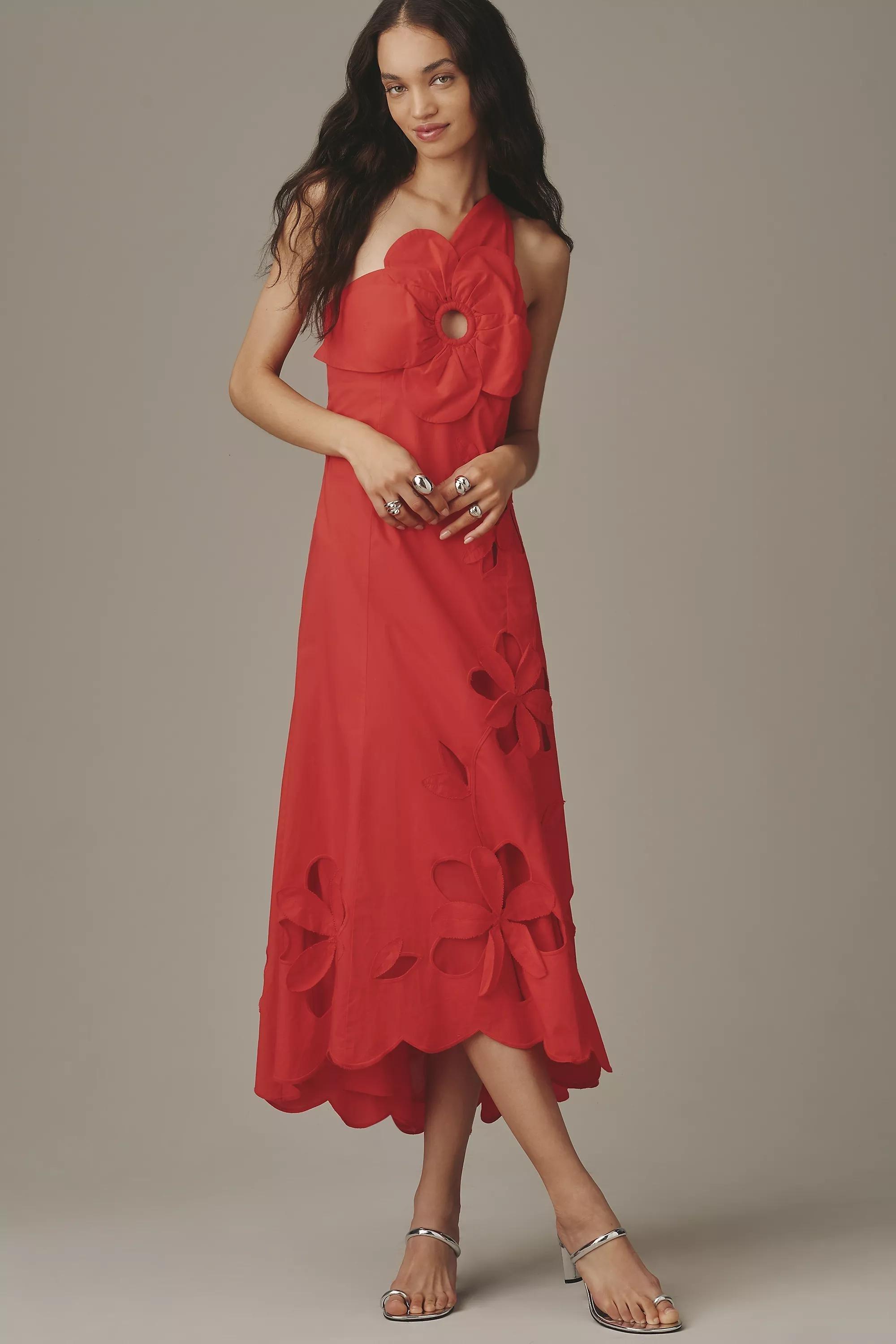 By Anthropologie One-Shoulder Cutwork Dress, Red, A501_0060, large image number 7