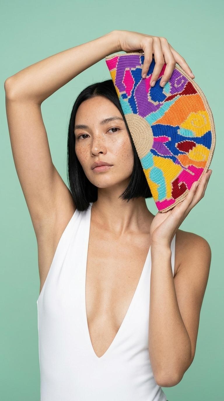 Handwoven Fan Clutch, Multicolour, , medium