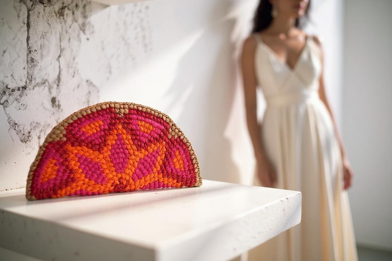 Handwoven Geometric Clutch, Pink, , medium