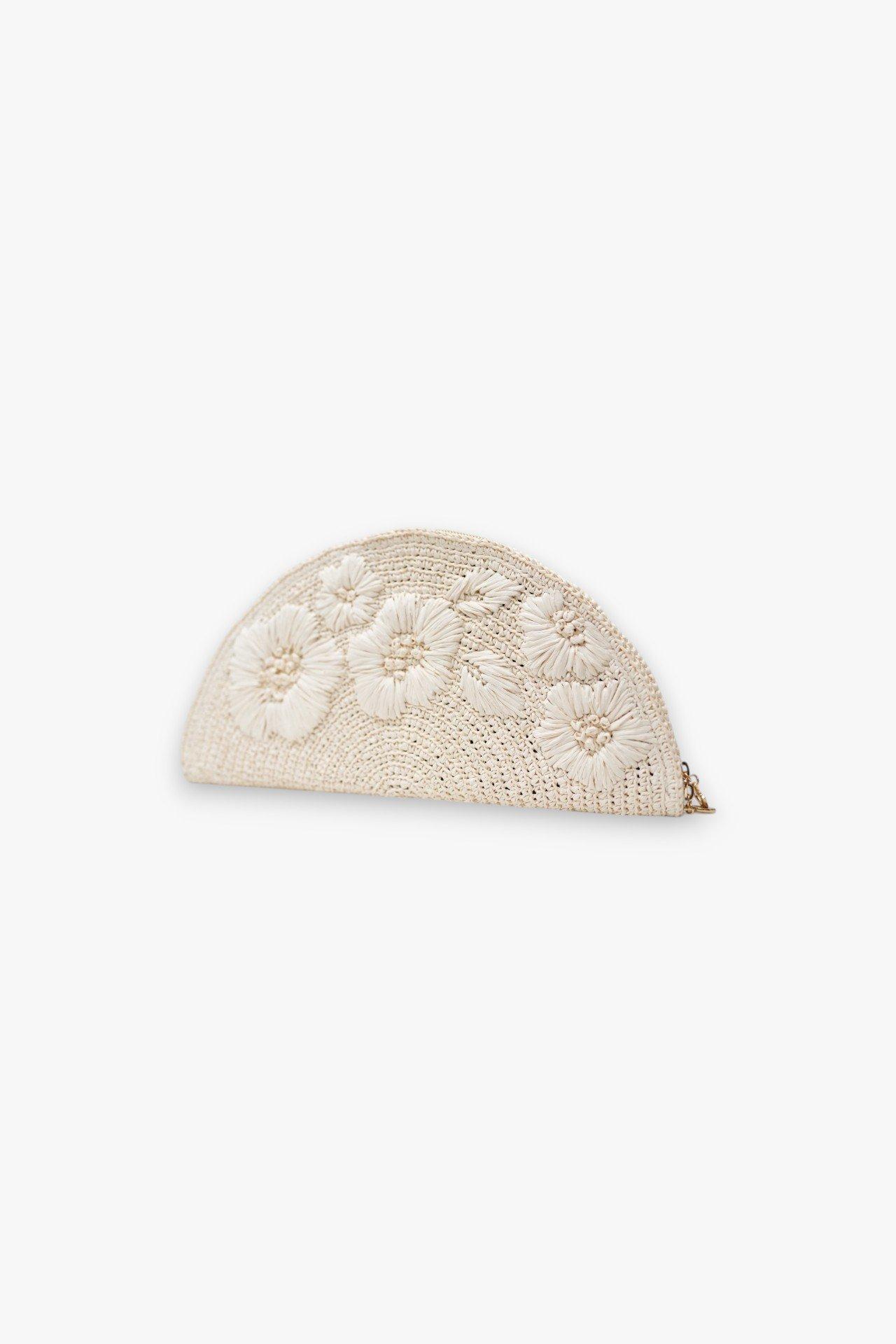 Handwoven Floral Applique Clutch, Beige, , medium