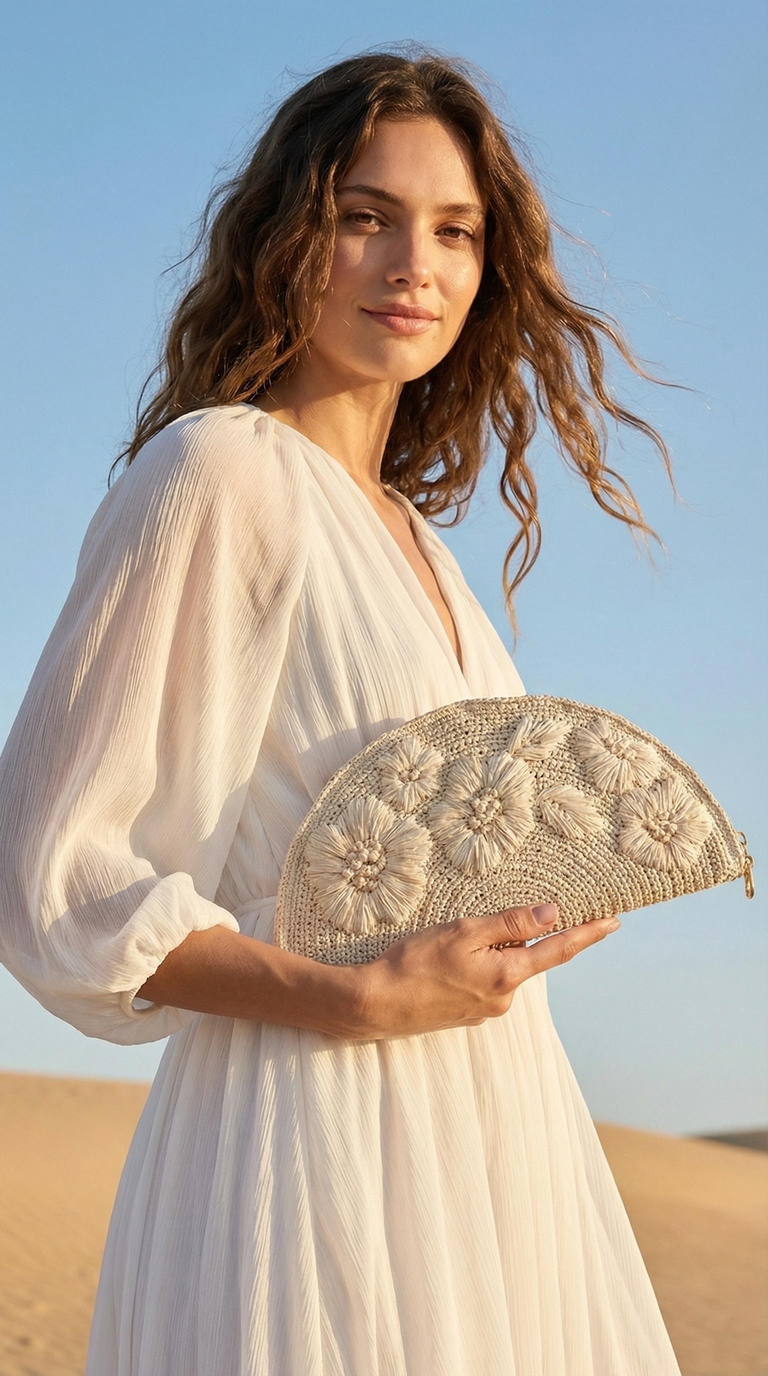 Handwoven Floral Applique Clutch, Beige, , large image number 6