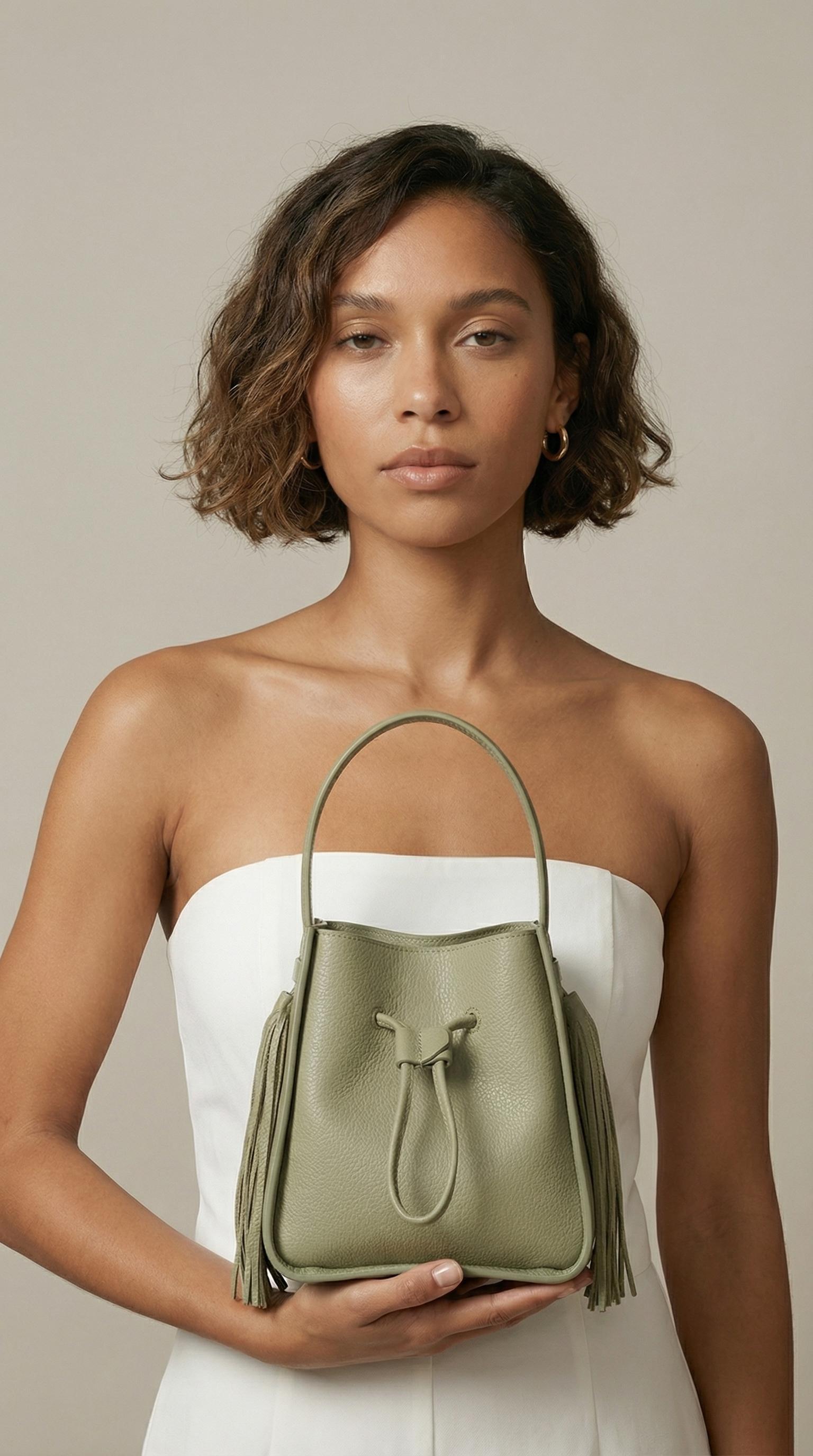 Drawstring Fringe Bucket Bag, Green, A538_KHAK, large image number 0