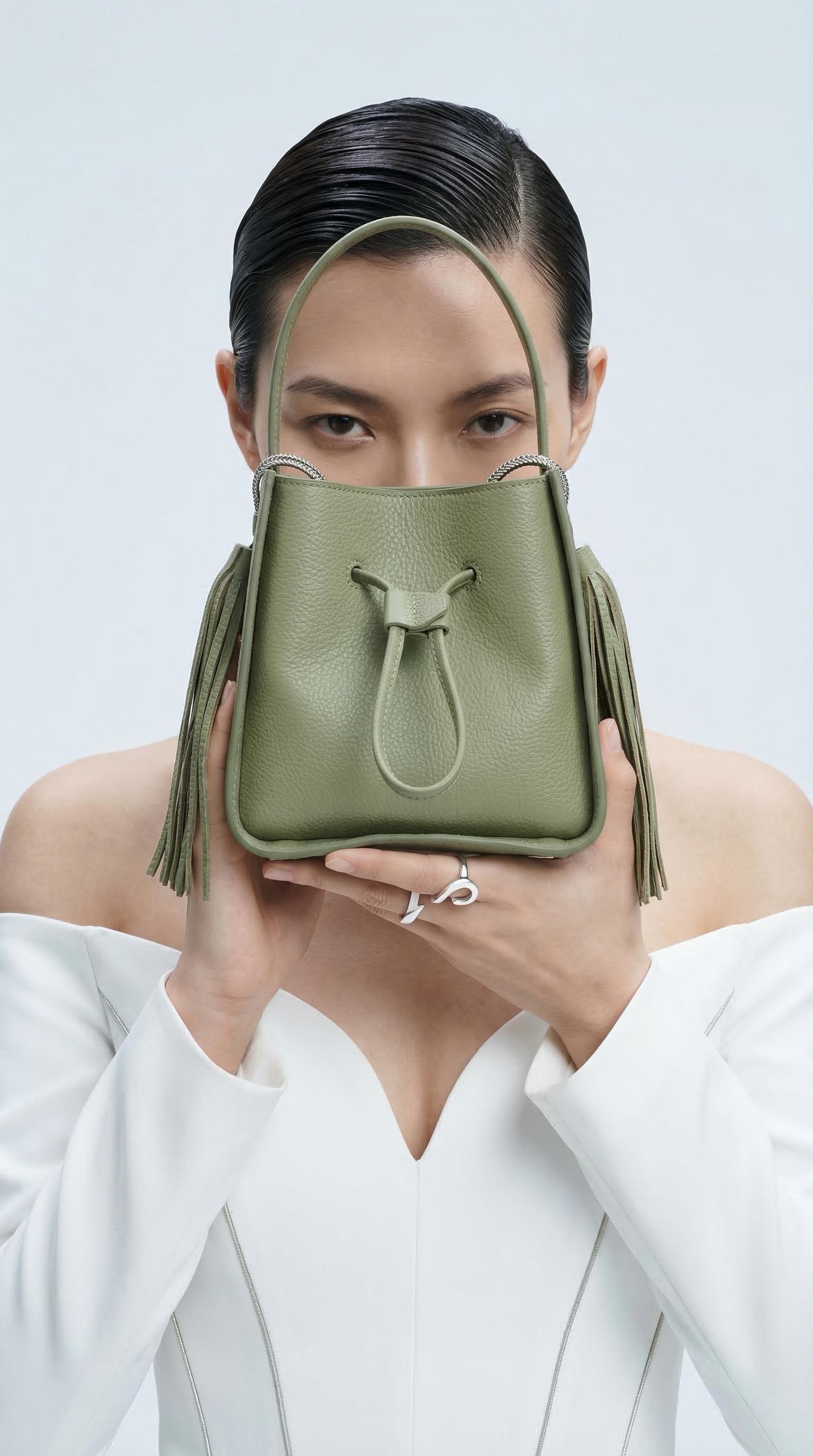 Drawstring Fringe Bucket Bag, Green, A538_KHAK, large image number 5