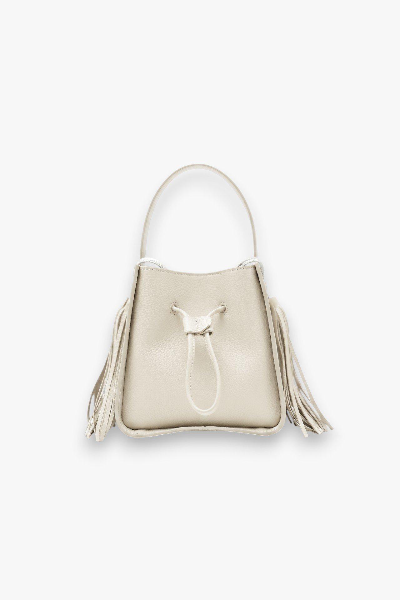 Drawstring Fringe Bucket Bag, Beige, A538_ECRU, medium