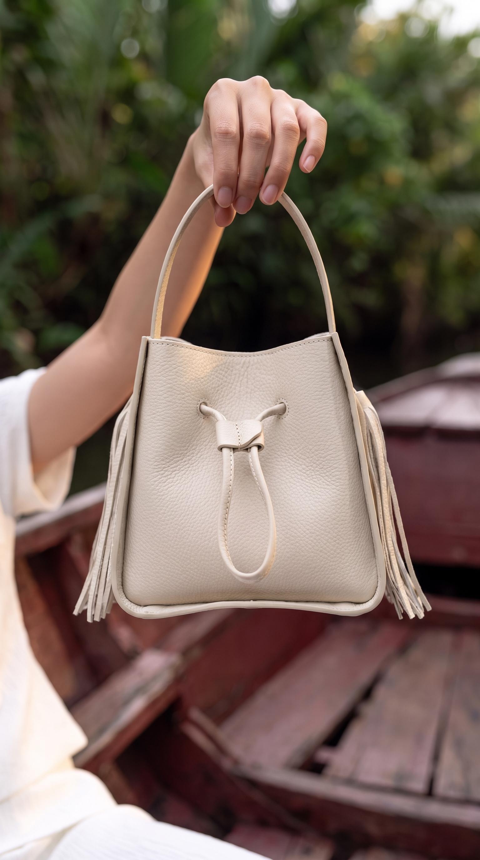 Drawstring Fringe Bucket Bag, Beige, A538_ECRU, large image number 6