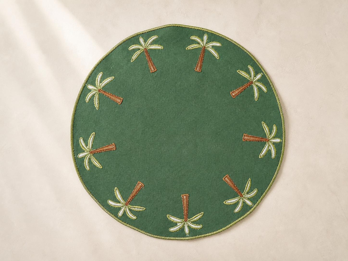 Embroidered Palm Tree Round Placemat, Green, , large image number 0