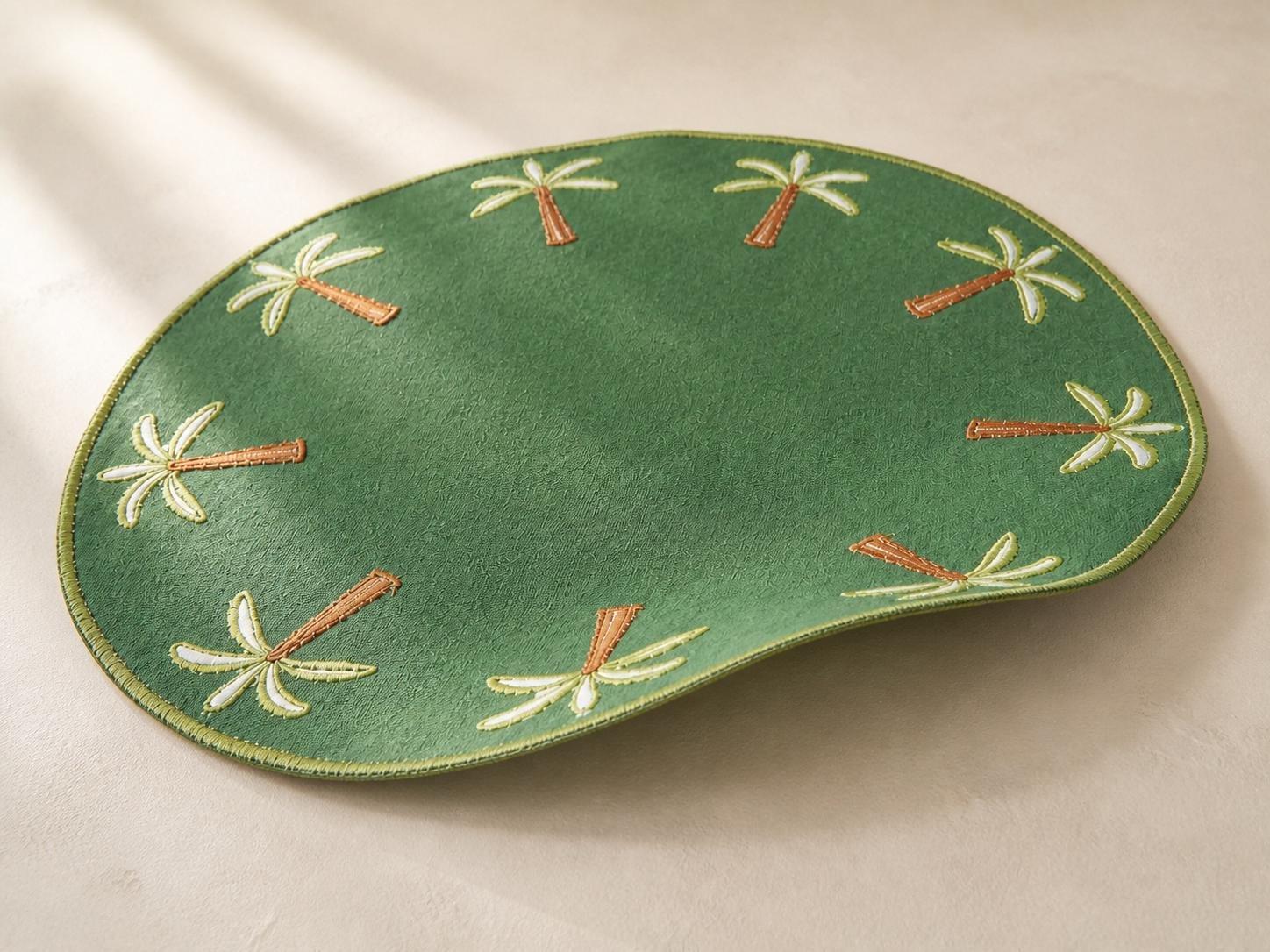 Embroidered Palm Tree Round Placemat, Green, , large image number 1