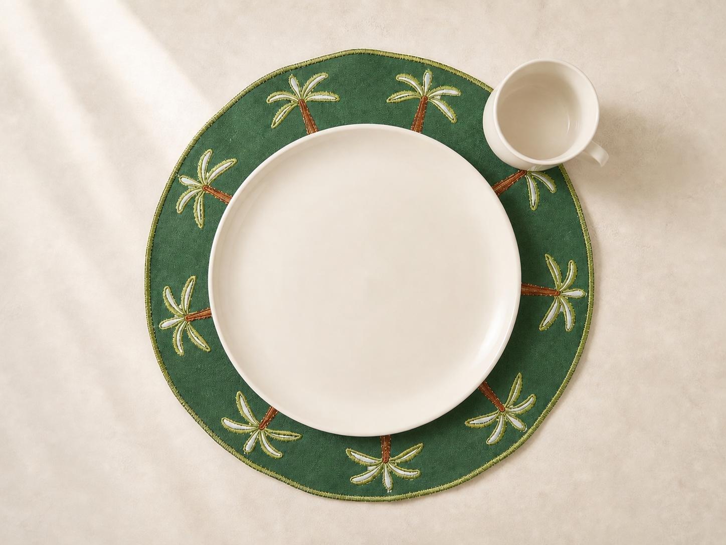 Embroidered Palm Tree Round Placemat, Green, , large image number 2