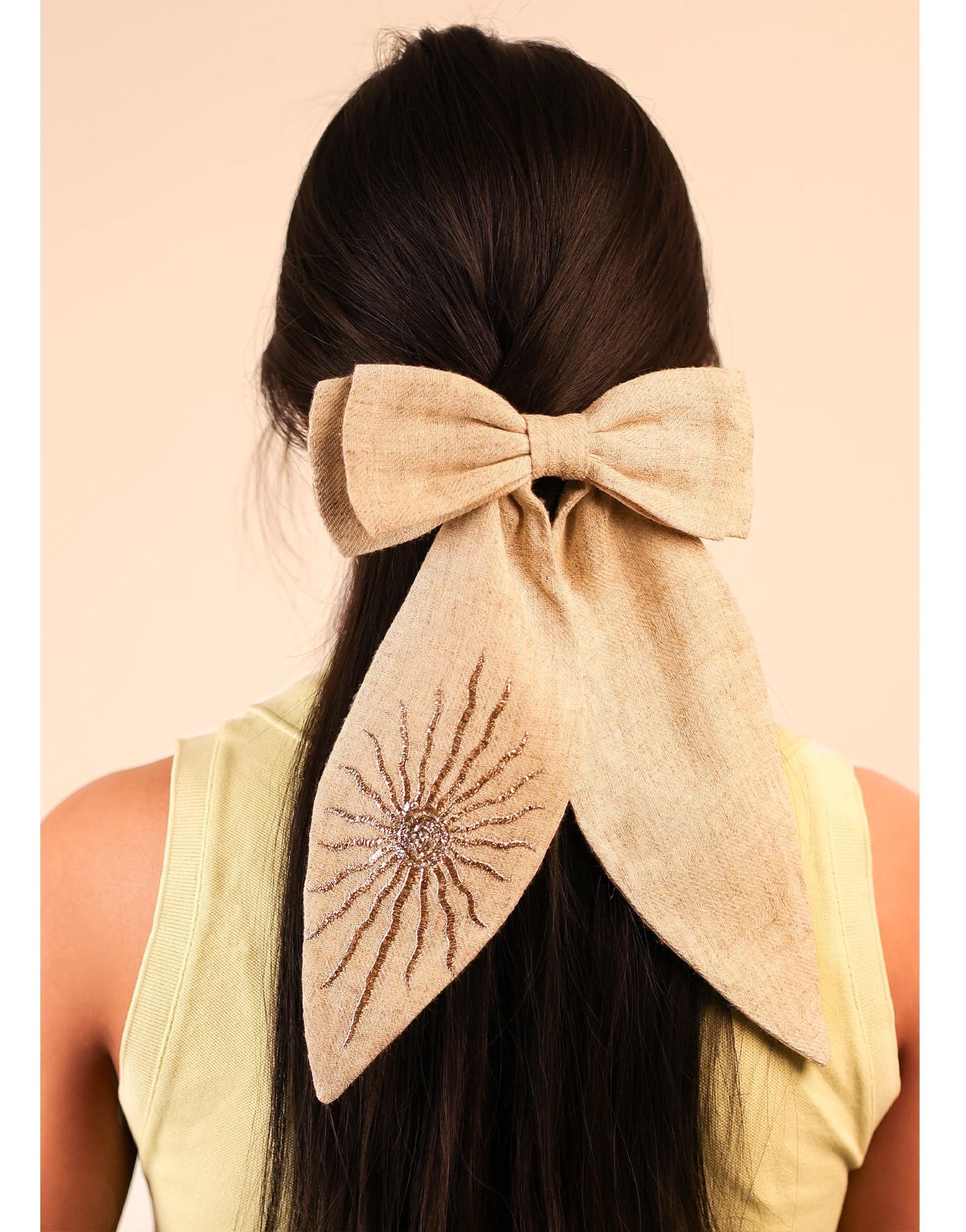 Sun Embellished Bow Hair Clip, Beige, A517_0014, large image number 0