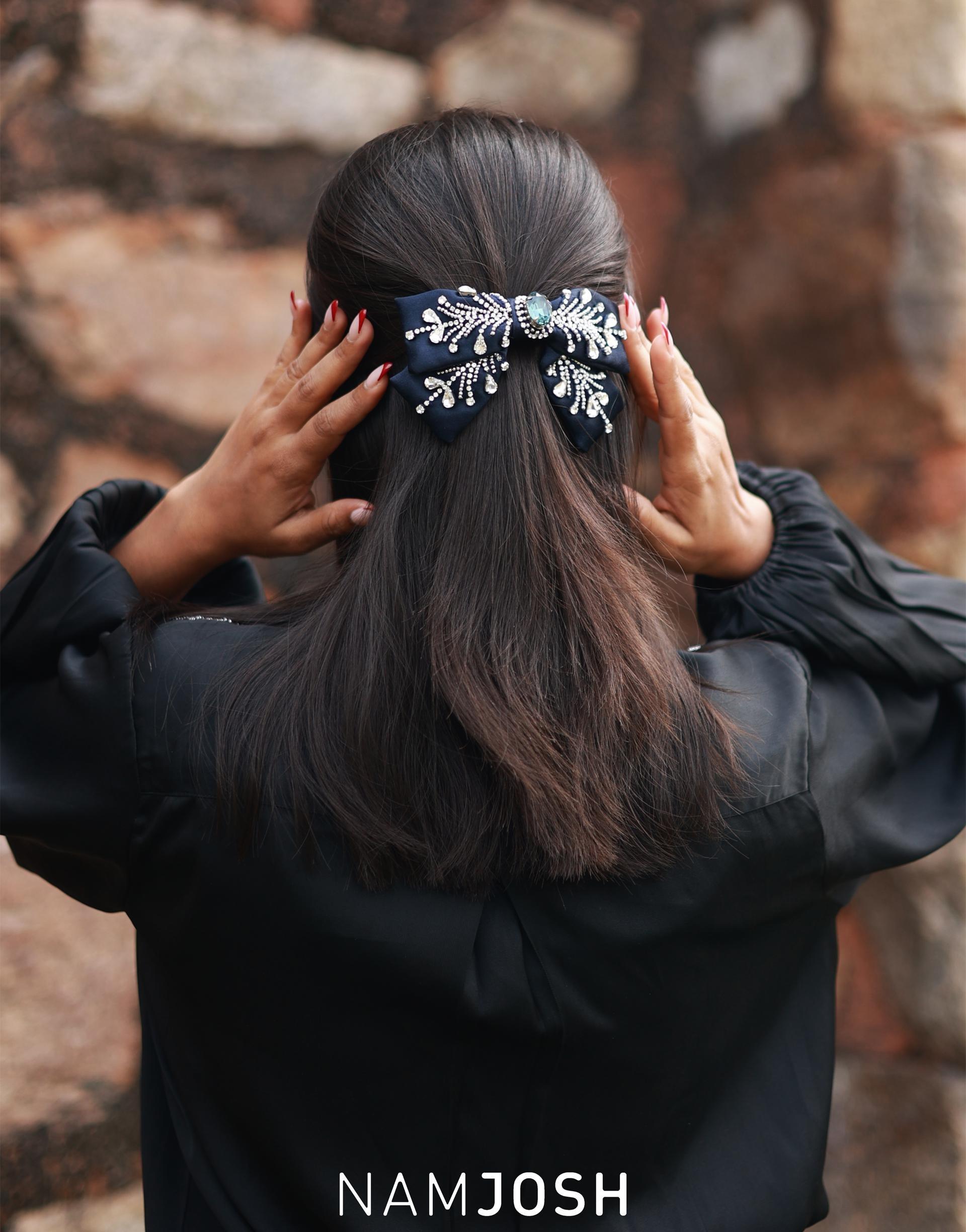Tear Drop Embellished Bow, Navy, A517_0014, large image number 2