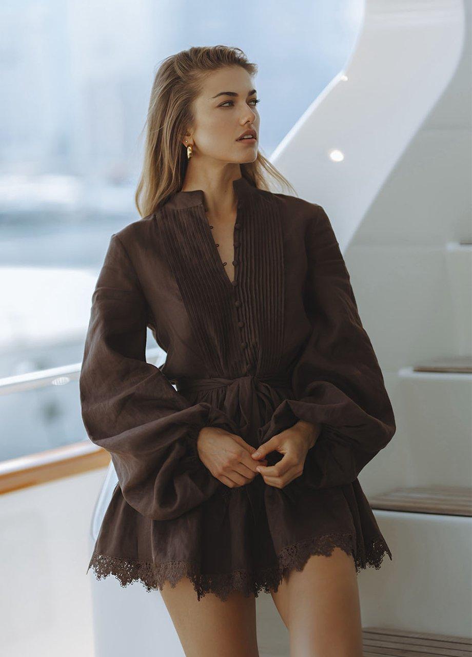 Chic Le Frique Aurelie Lace Trim Linen Mini Dress, Brown, A540_CHOC, medium