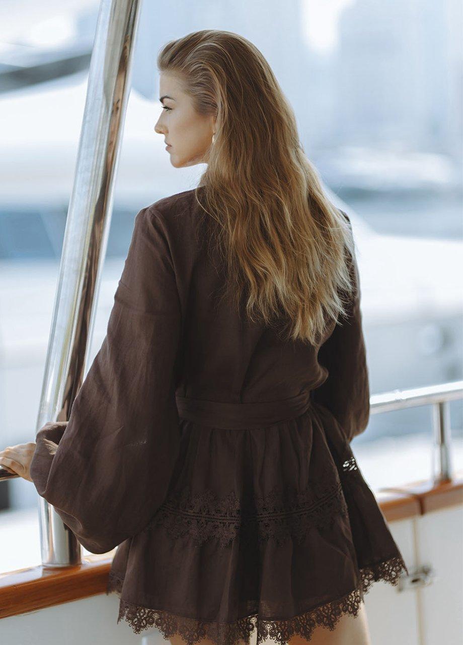 Chic Le Frique Aurelie Lace Trim Linen Mini Dress, Brown, A540_CHOC, large image number 1