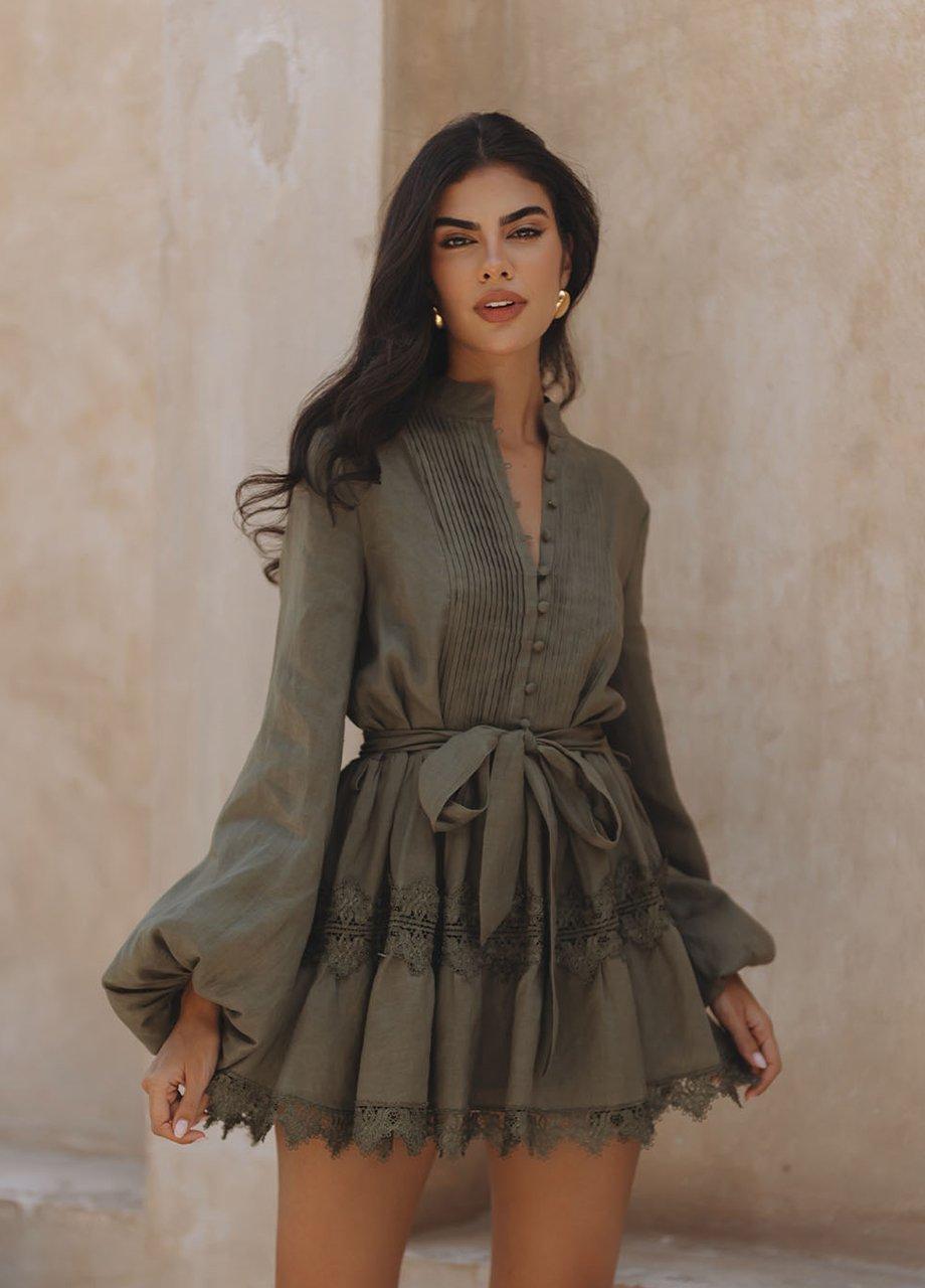 Chic Le Frique Aurelie Lace Trim Linen Mini Dress, Green, A540_OLIV, large image number 0