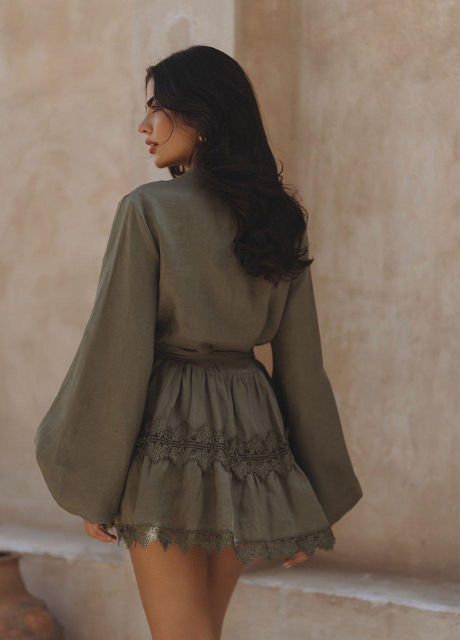 Chic Le Frique Aurelie Lace Trim Linen Mini Dress, Green, A540_OLIV, large image number 1