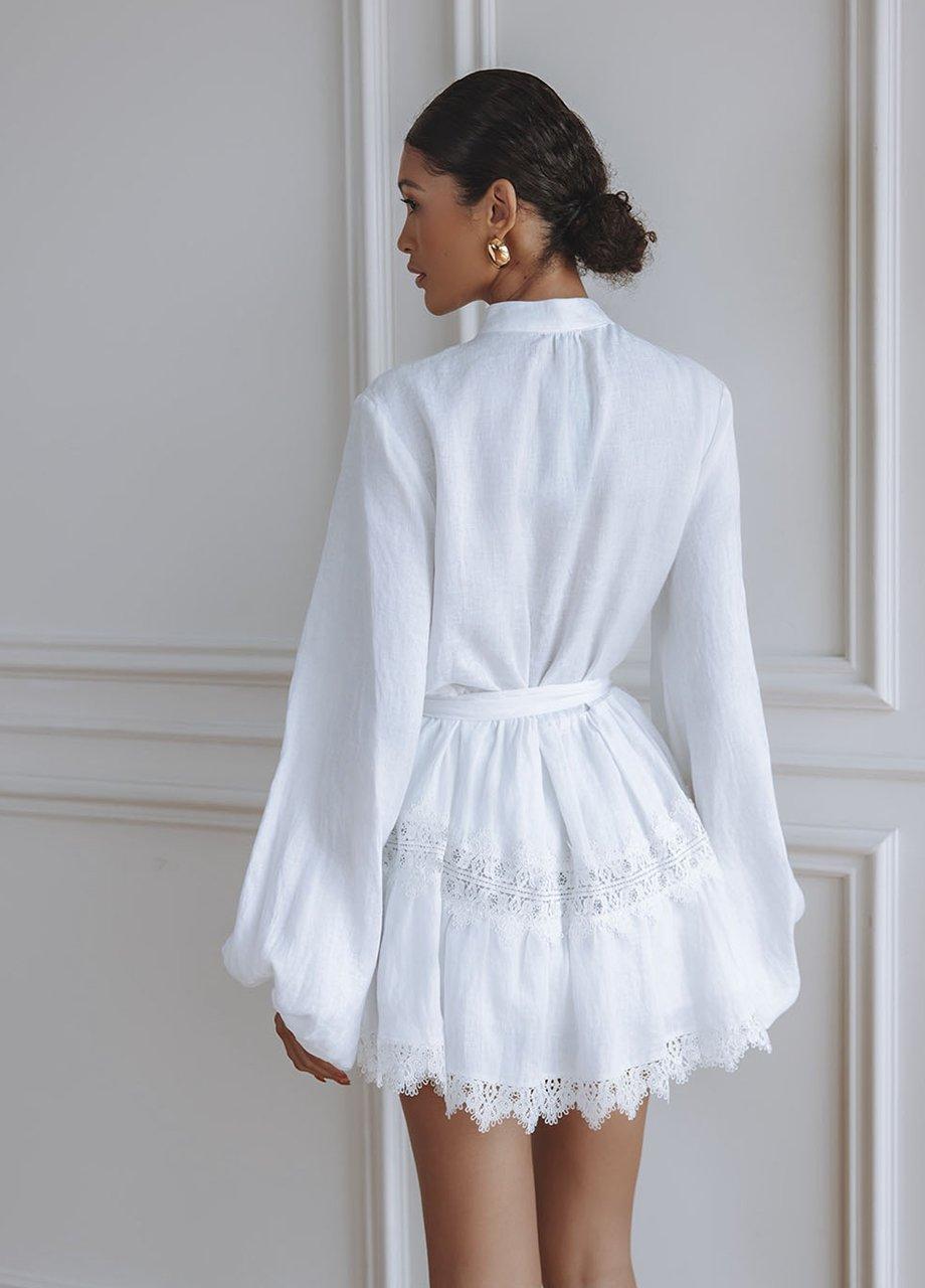 Chic Le Frique Aurelie Lace Trim Linen Mini Dress, White, A540_WHIT, medium