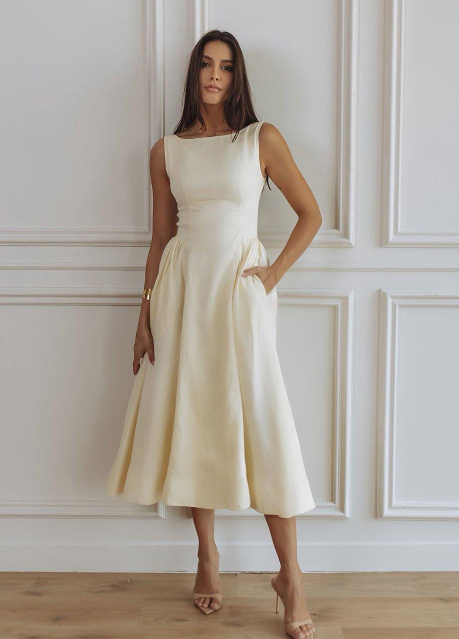 Chic Le Frique Campbell Linen Midi Dress, Yellow, A540_YLLW, medium