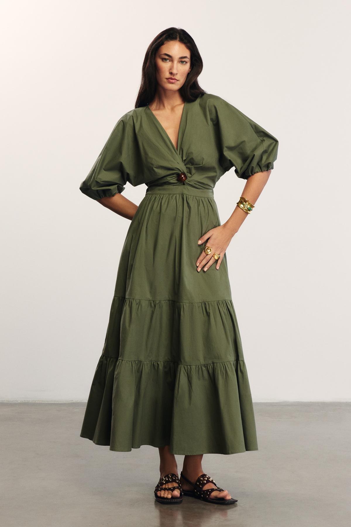 Poplin Tiered Maxi Dress, Elissa Studio X Anthropologie, Khaki, , large image number 0