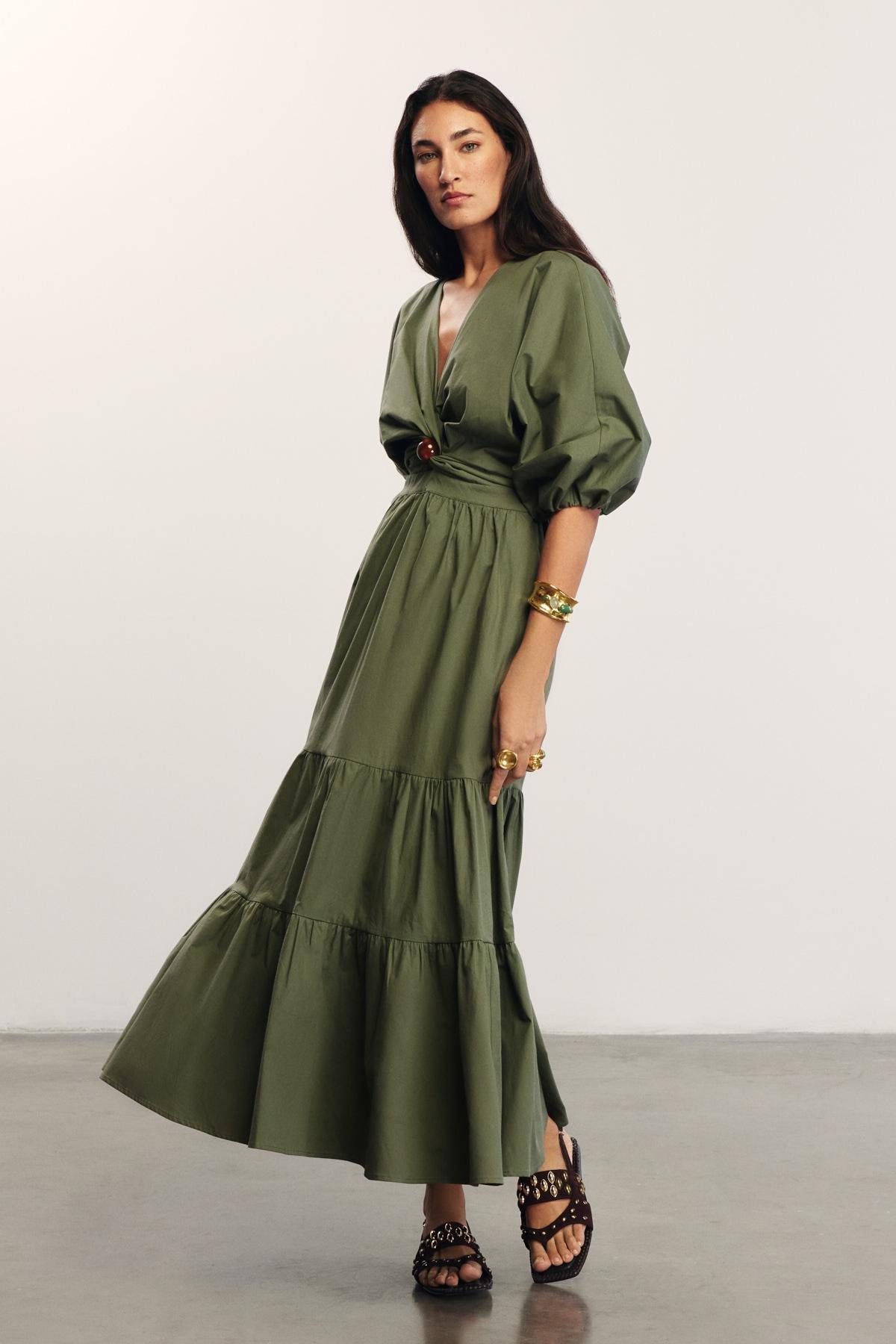 Poplin Tiered Maxi Dress, Elissa Studio X Anthropologie, Khaki, , large image number 1