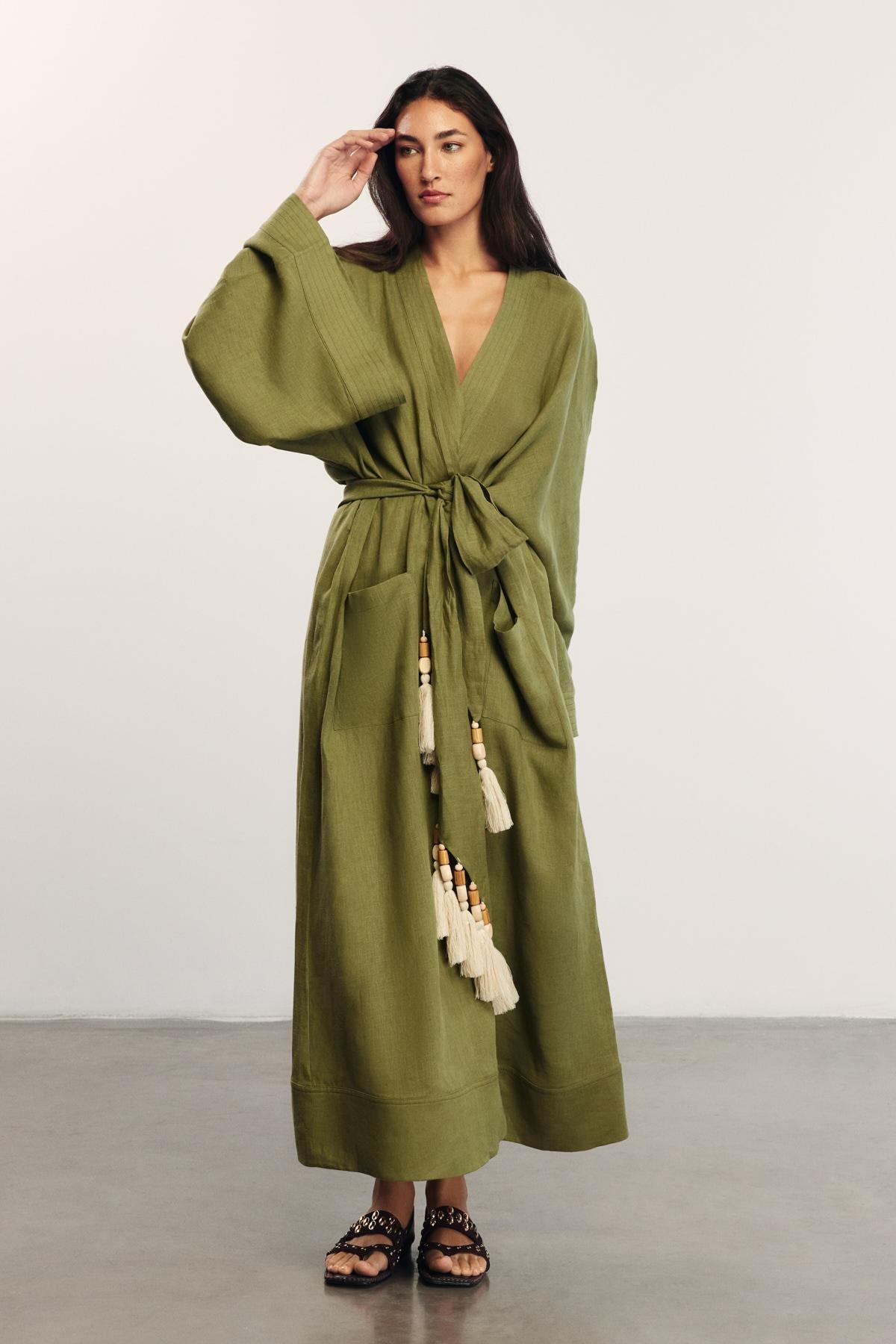 Block Linens Tie Waist Kimono, Elissa Studio X Anthropologie, Khaki, , large image number 0