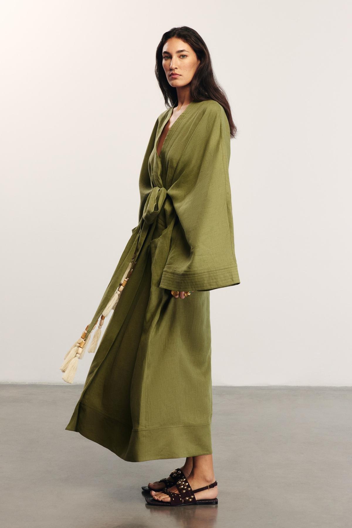 Block Linens Tie Waist Kimono, Elissa Studio X Anthropologie, Khaki, , large image number 1