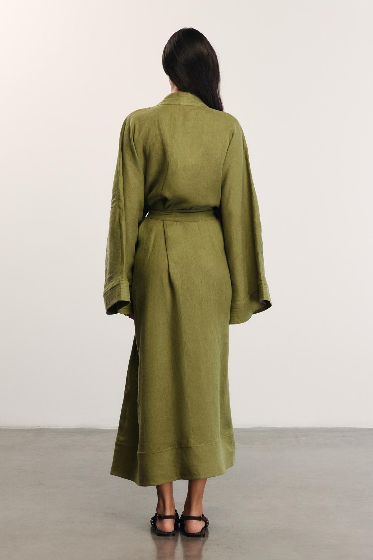 Block Linens Tie Waist Kimono, Elissa Studio X Anthropologie, Khaki, , large image number 2