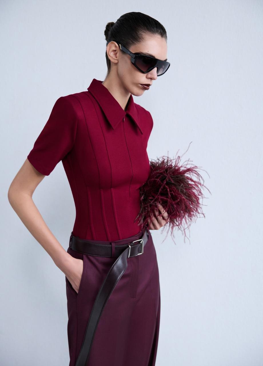 Kate - Polo Neck Corset Detailed T-Shirt, Red, A529_61, large image number 0