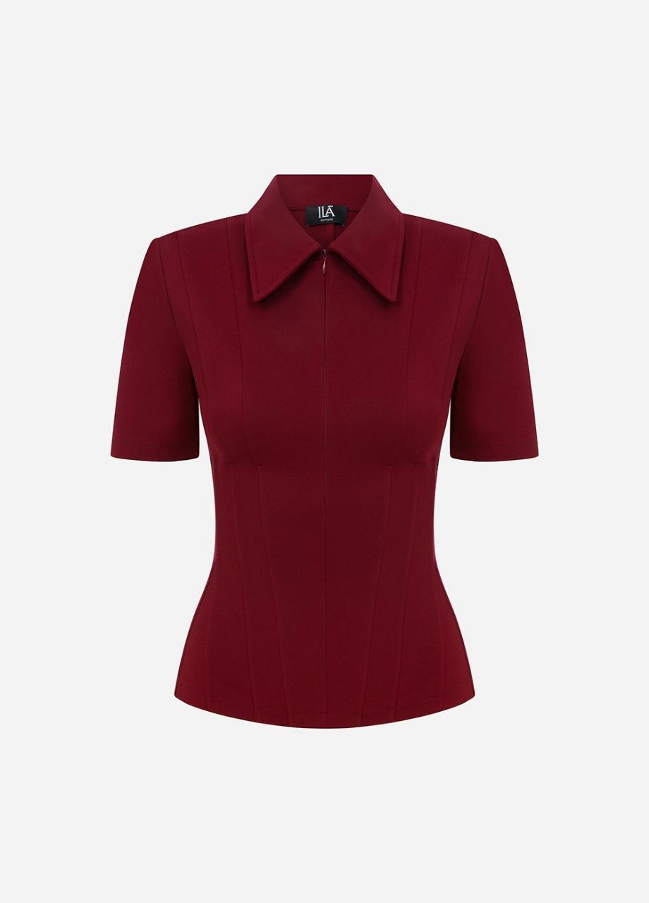 Kate - Polo Neck Corset Detailed T-Shirt, Red, A529_61, large image number 2