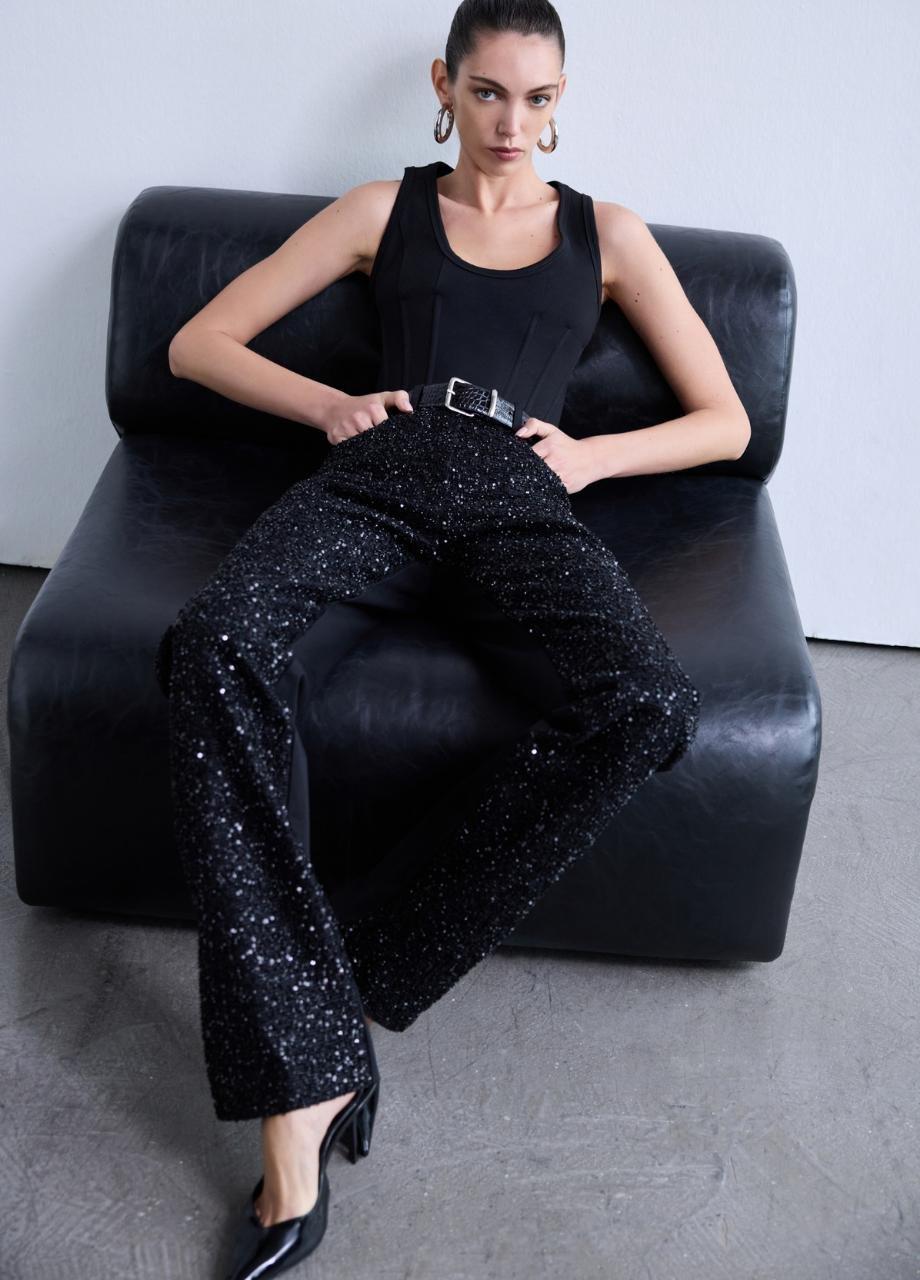 Ariel - Sequin Detailed Trousers, Black, A529_01, large image number 1