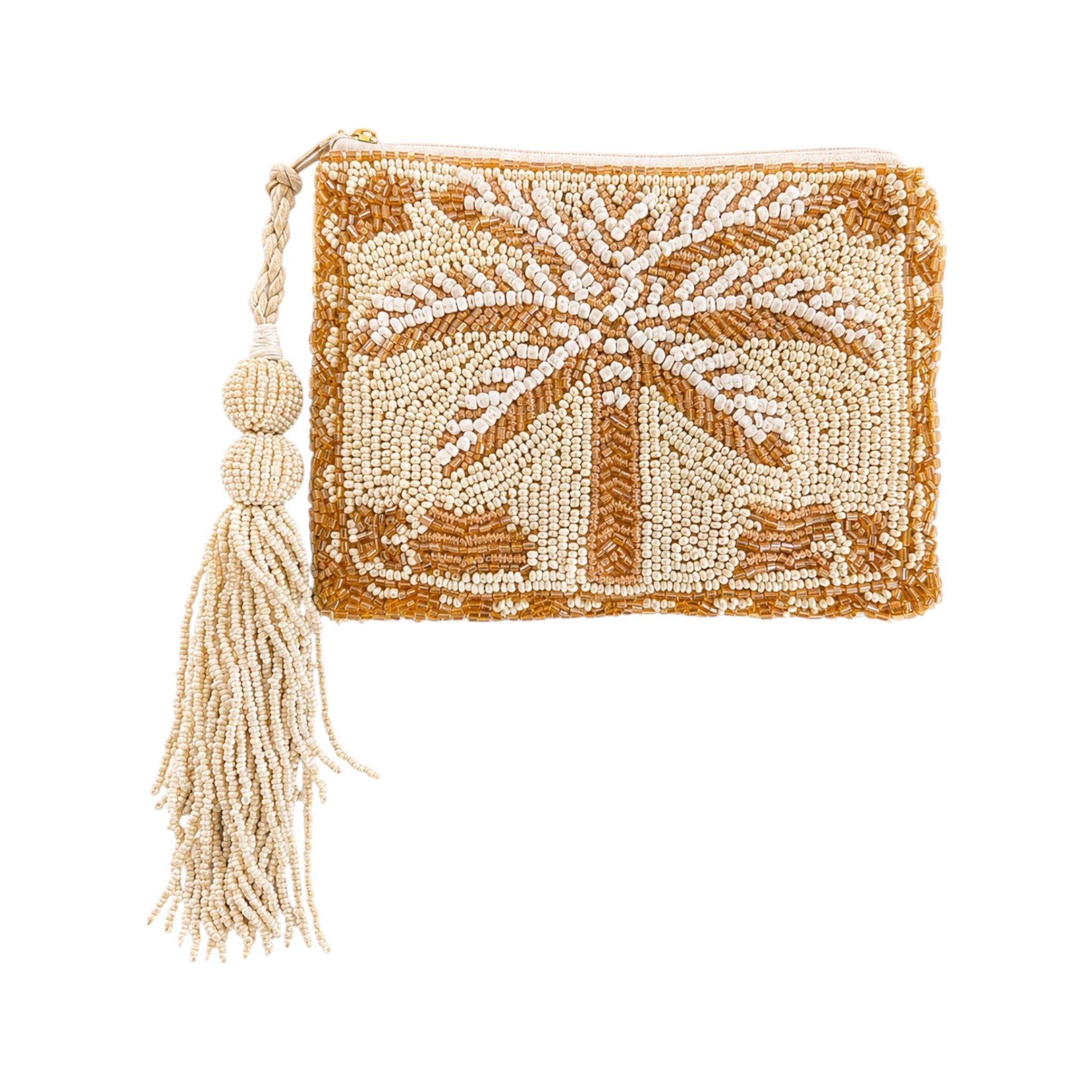 Palm Glow Embroidered Pouch, Beige, , medium