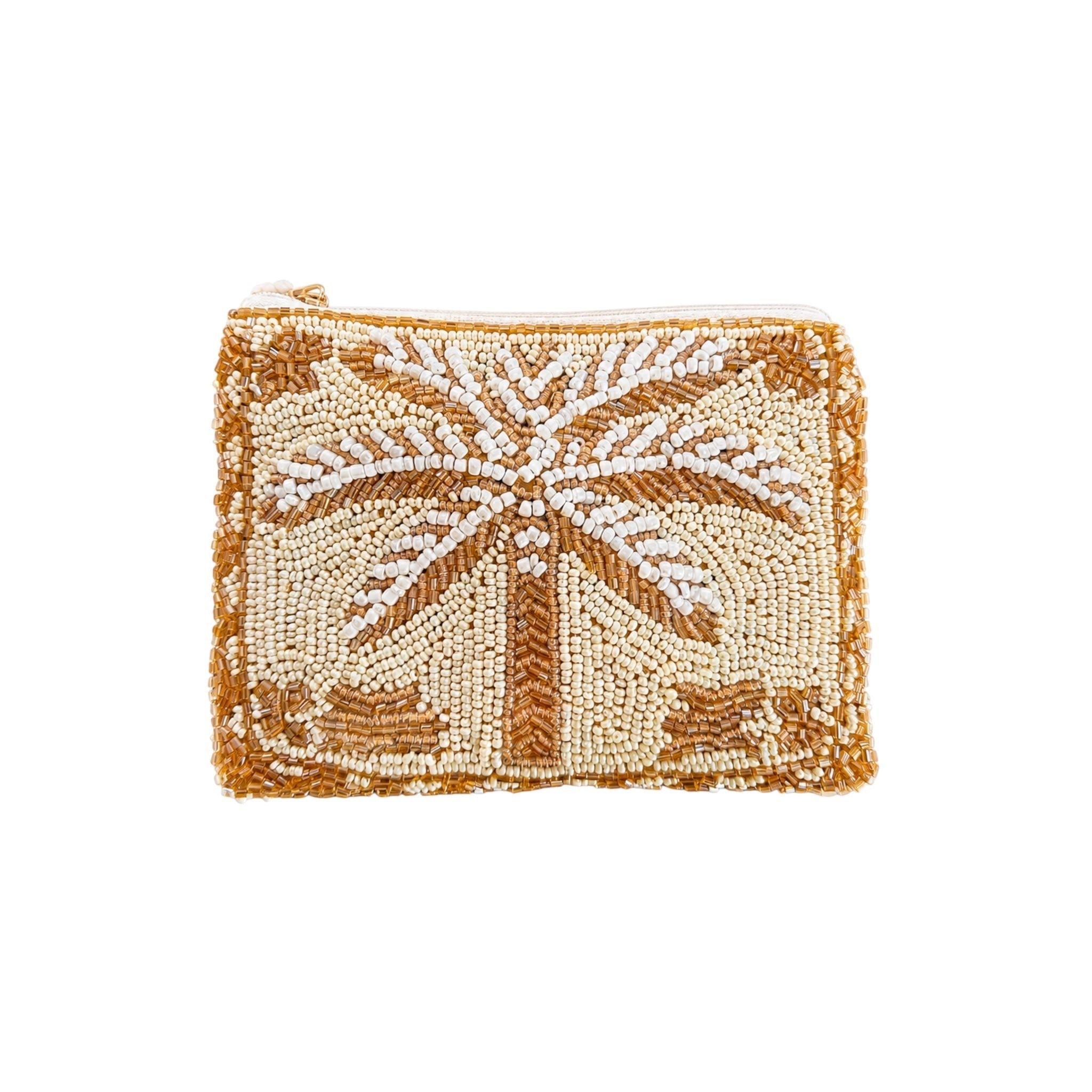 Palm Glow Embroidered Pouch, Beige, , medium