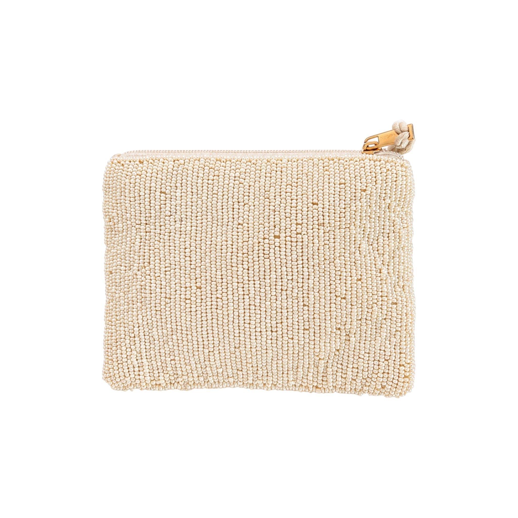 Palm Glow Embroidered Pouch, Beige, , medium
