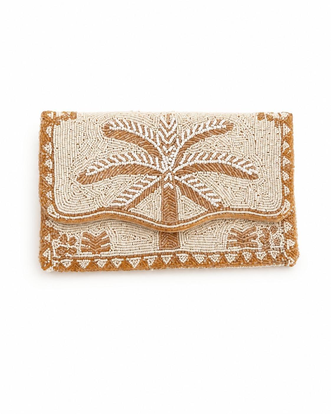 Palm Glow Embroidered Clutch, Beige, , medium