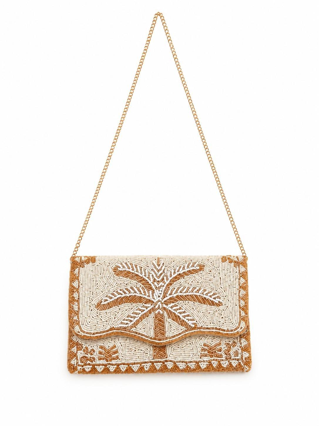 Palm Glow Embroidered Clutch, Beige, , large image number 1