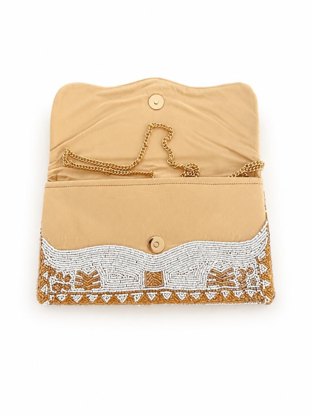Palm Glow Embroidered Clutch, Beige, , medium