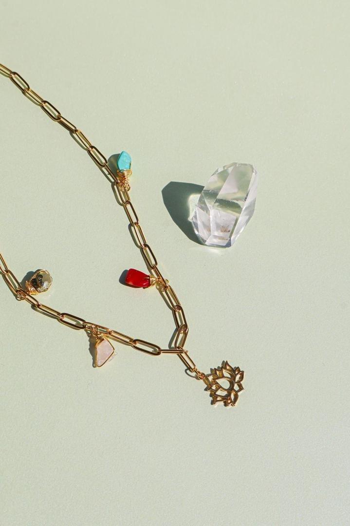 Necklace Stainless Steel Lotus Charm with 4 Natural Stones, Multicolour, A519_0000, medium