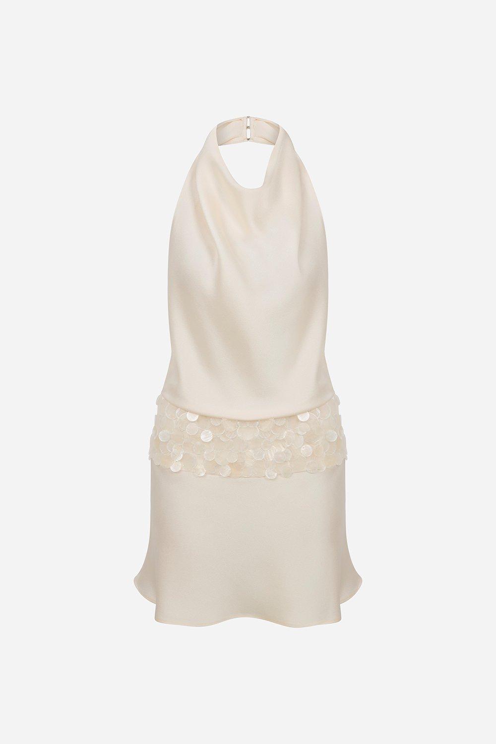 Gold Elsa Draped High-Neck Satin Mini Dress With Hand-Beaded Mother-Of-Pearl Belt, A529_0017, medium