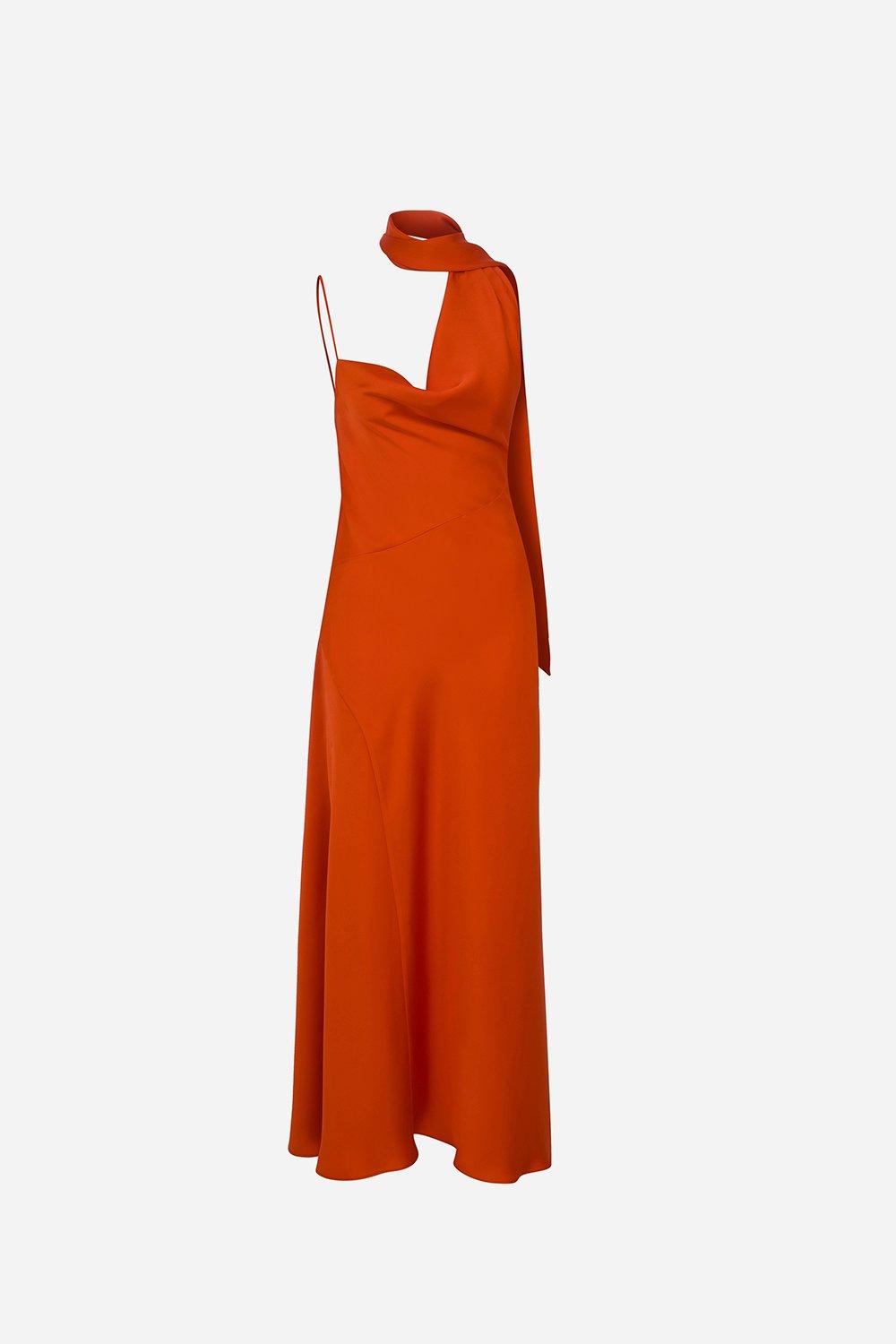 Red Talia Asymmetrical Neckline Satin Midi Dress With Scarf Detail, A529_0081, large image number 0