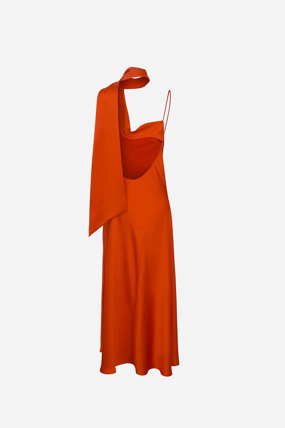 Red Talia Asymmetrical Neckline Satin Midi Dress With Scarf Detail, A529_0081, medium
