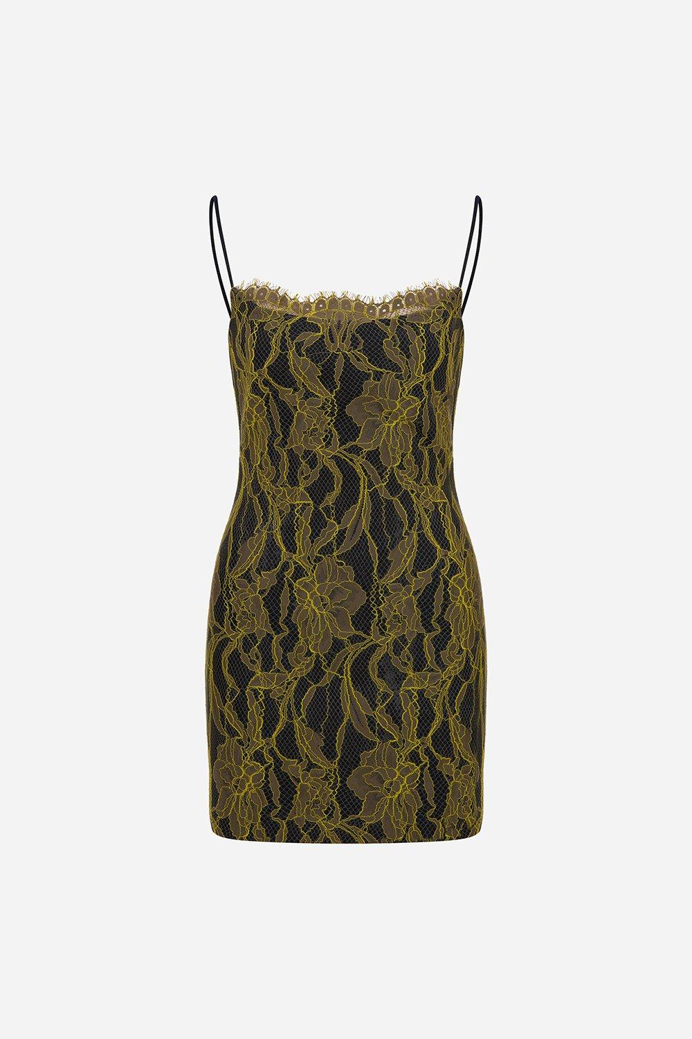 Khaki Jessica Strappy Mini Denim Dress With Lace Overlay, A529_0091, large image number 1
